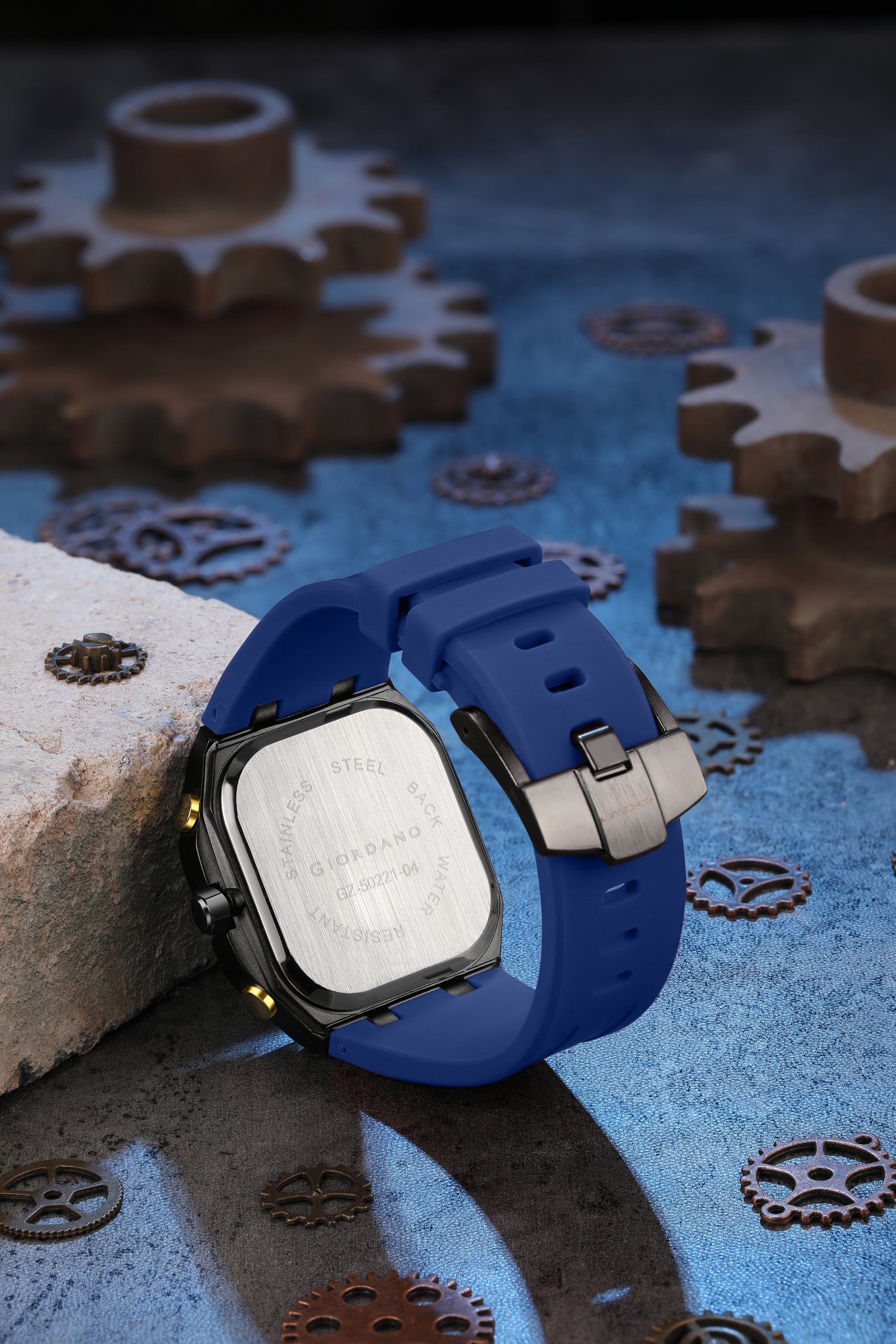 Giordano Skeleton Dial Analog Watch for Men – Black Tone Case, Blue Silicone Strap, Date Display & Transparent Mechanical Design GZ-50221-04