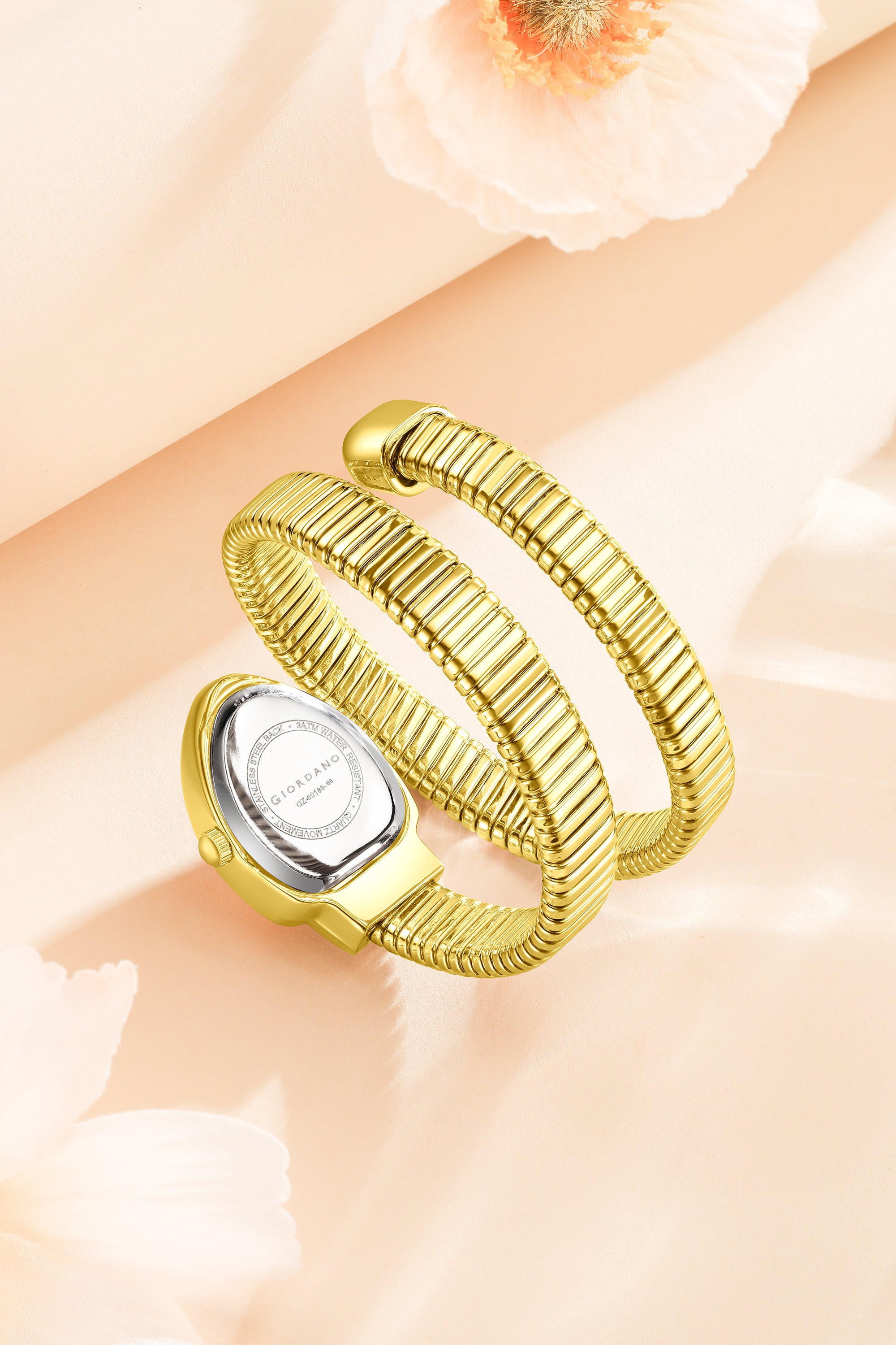 Giordano Serpentine Collection Analog Quartz Watch for Women with Brown Honeycomb-Textured Dial, Crystal Bezel & Markers, Snake-Style Wrap-Around Gold Stainless Steel Strap - GZ-60188-66