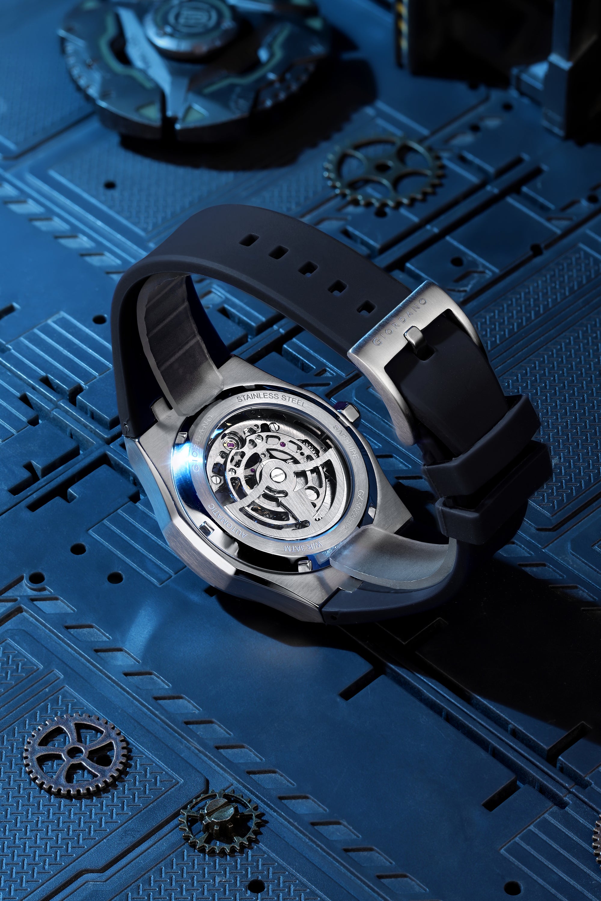 Giordano Automatic Watch for Men with Skeleton Round Black Dial, Luminous Hands and Markers, Black Silicone Strap - GZ-50224-02