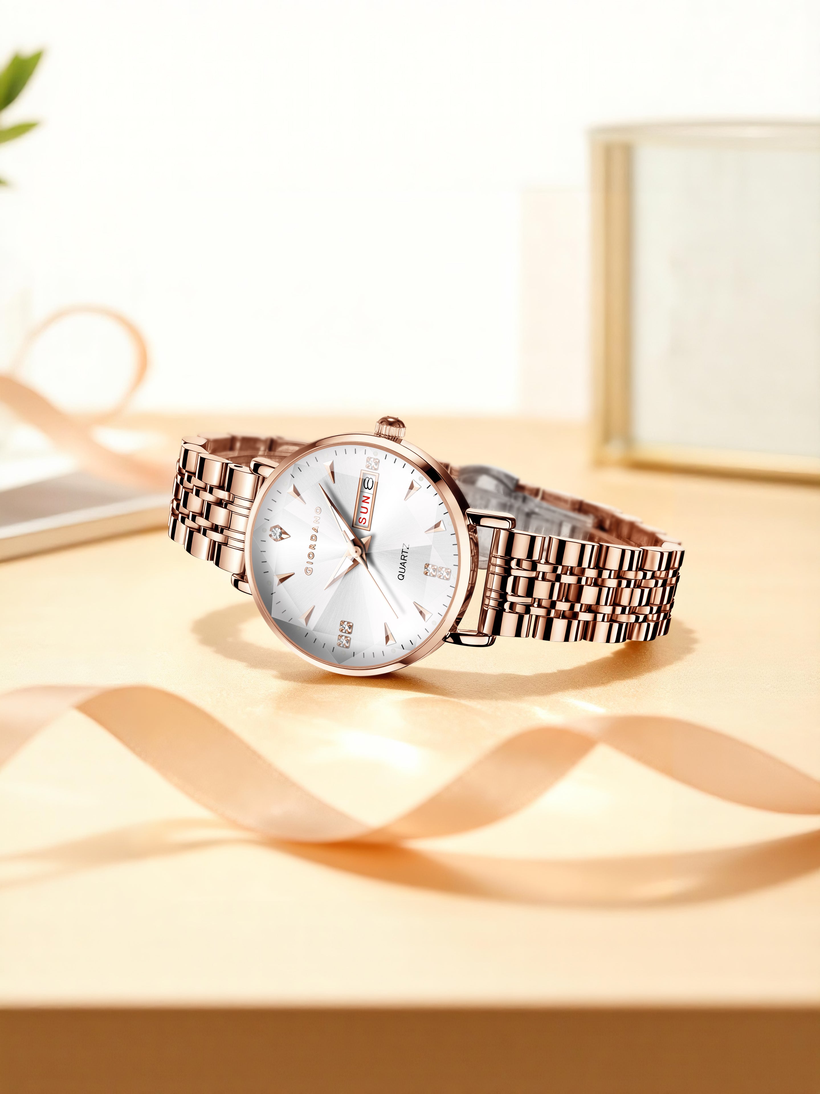 Giordano Rose Gold Analog Watch for Women with Luminous Hands & Markers, Day & Date Display and Stainless Steel Strap - GZ-60139-11