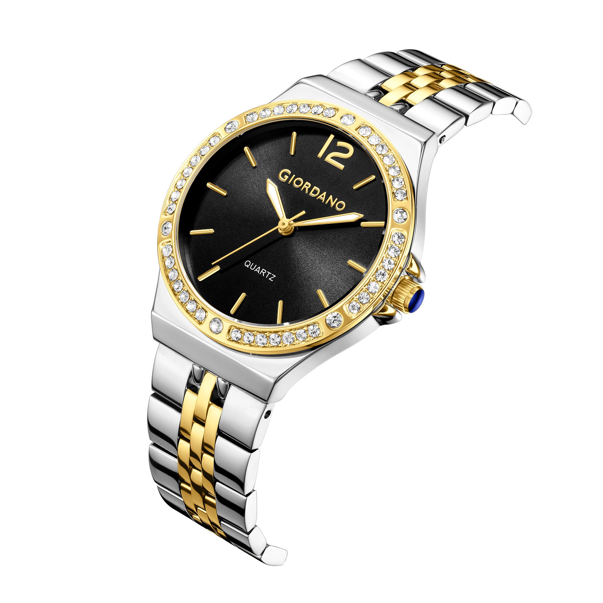 Giordano Analog Quartz Watch for Women with Round Black Dial, Crystal Studded Bezel, Blue Crown, Luminous Hands, Silver and Gold Stainless Steel Strap - GZ-60159-11