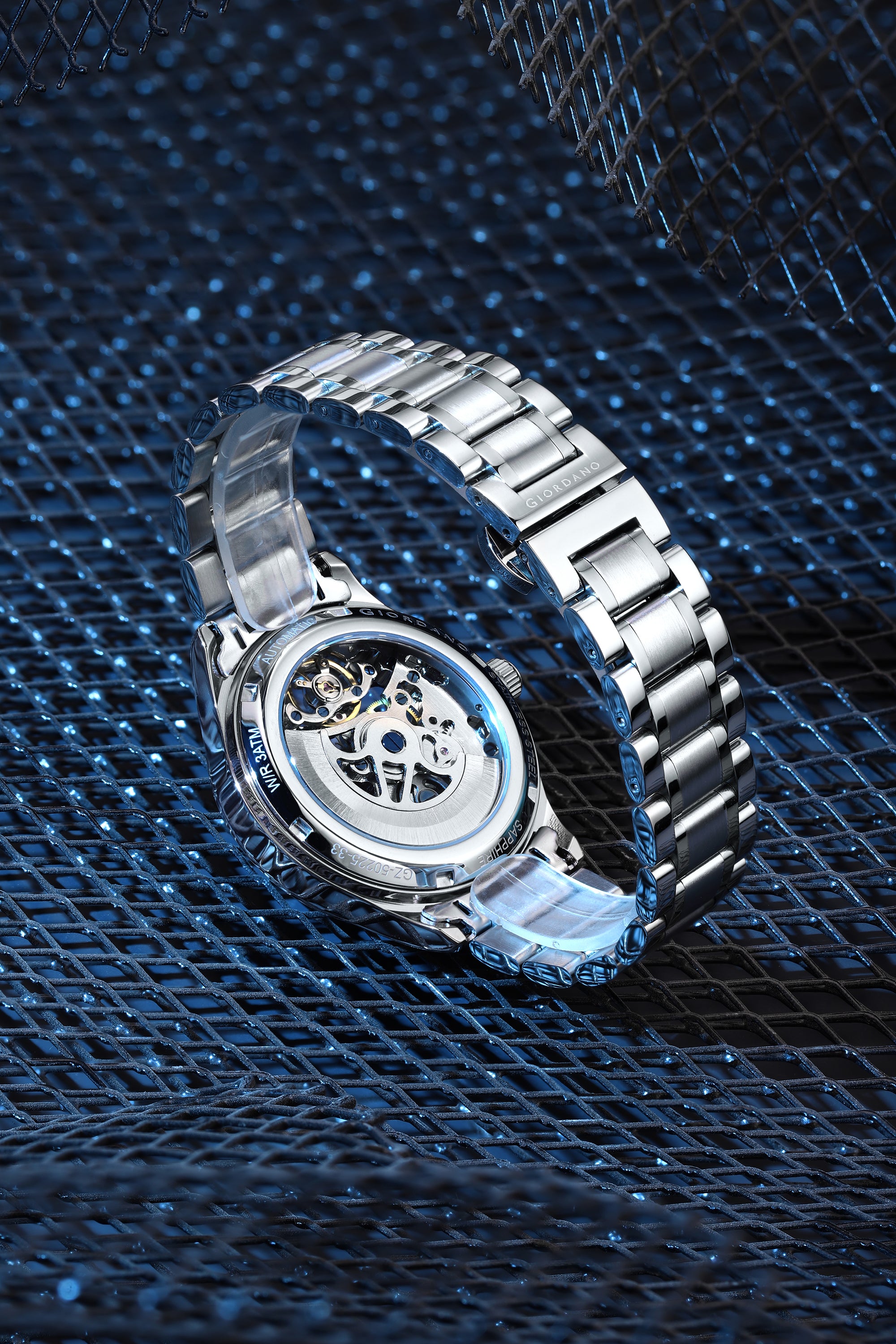 Giordano Automatic Watch for Men with Skeleton Round Black Dial, Luminous Hands and Markers, Silver Stainless Steel Strap - GZ-50225-22
