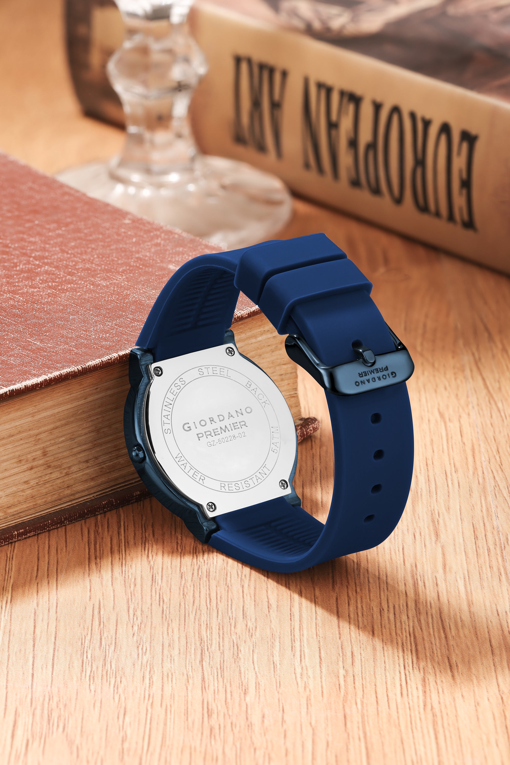 Giordano Premier Analog Quartz Watch for Women with Round Blue Dial, Crystal Studded Bezel, Date Display, Blue Case & Silicone Strap - GZ-50228-03