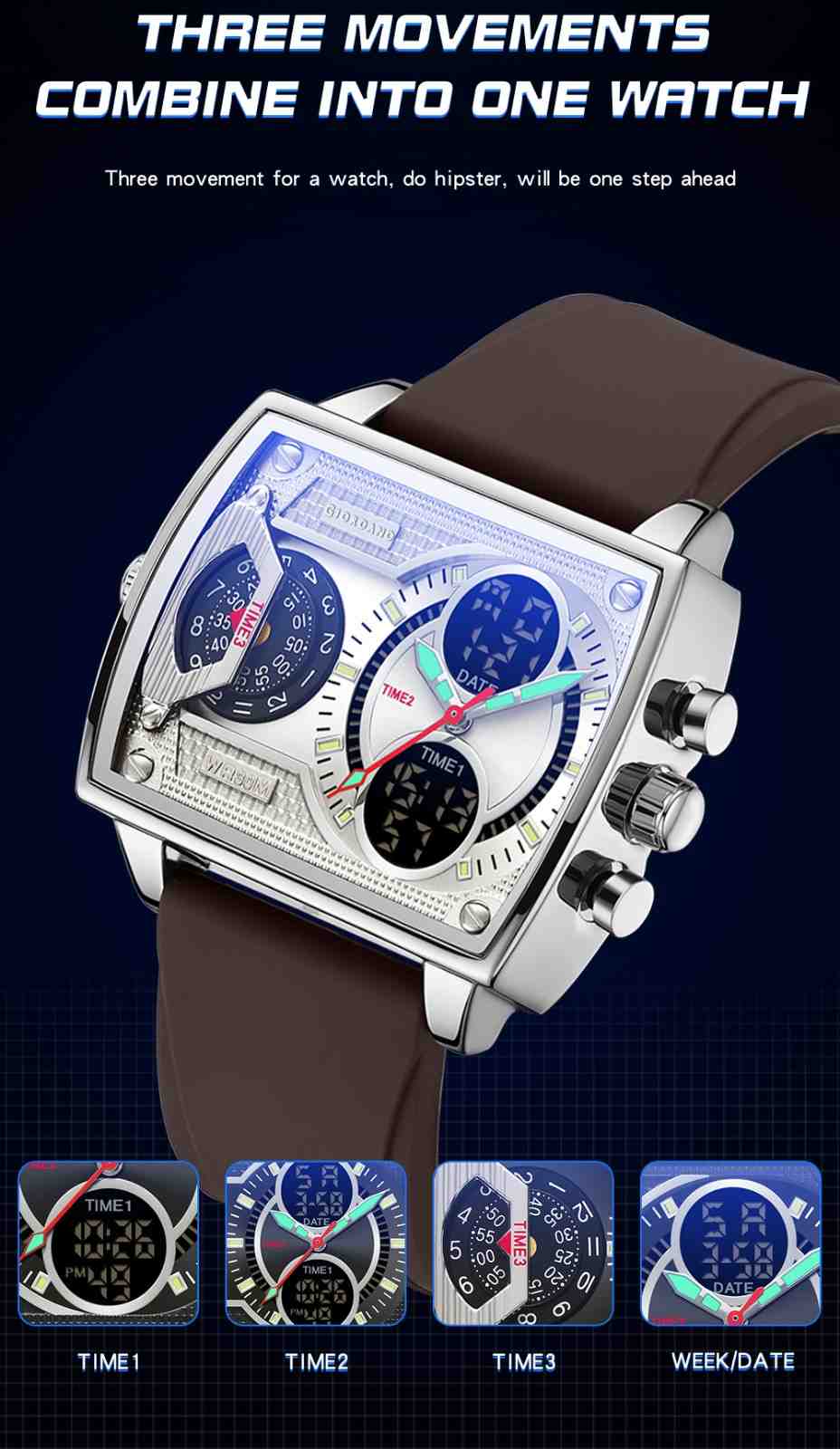 Giordano Square Hybrid Analog-Digital Watch for Men – Triple Time Zone Display with Quartz Precision & Durable Sport Grade Silicone Strap GZ-50161-02