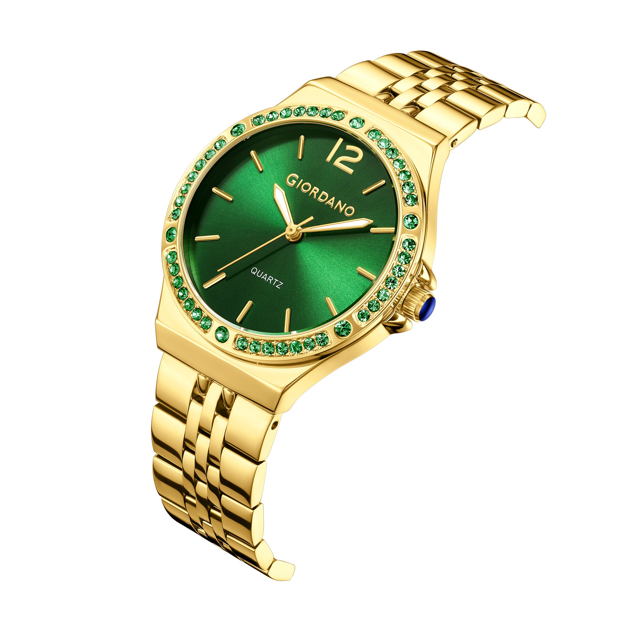 Giordano Analog Quartz Watch for Women with Round Green Dial, Crystal Studded Bezel, Blue Crown, Luminous Hands, Gold Stainless Steel Strap - GZ-60159-33