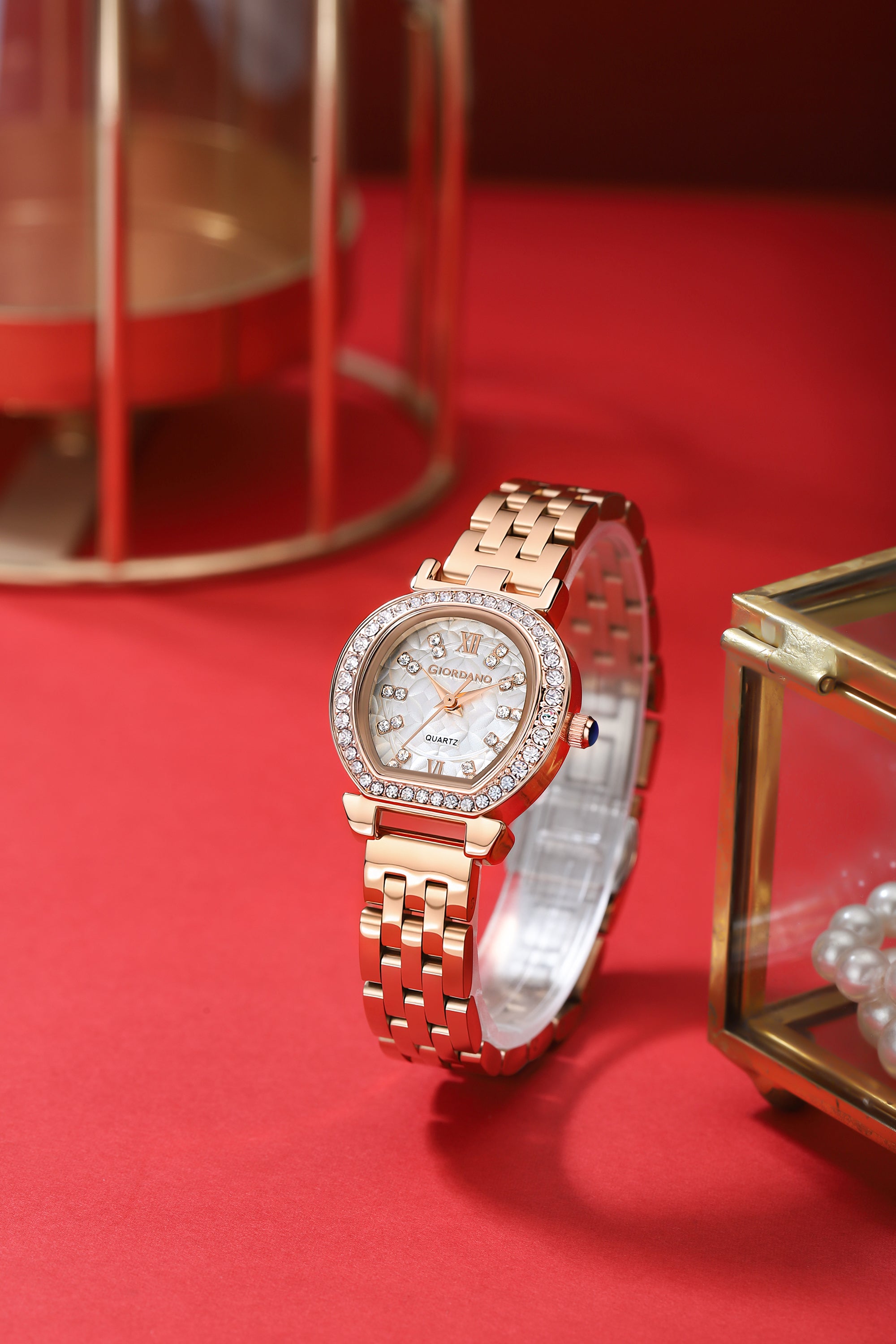 Giordano Analog Quartz Watch for Women with Bangle Set Texured Oval White Dial, Roman Indices, Blue Crown, Crystal Studded Hour Markers and Bezel, Rose Gold Stainless Steel Strap - GZ-60154-11