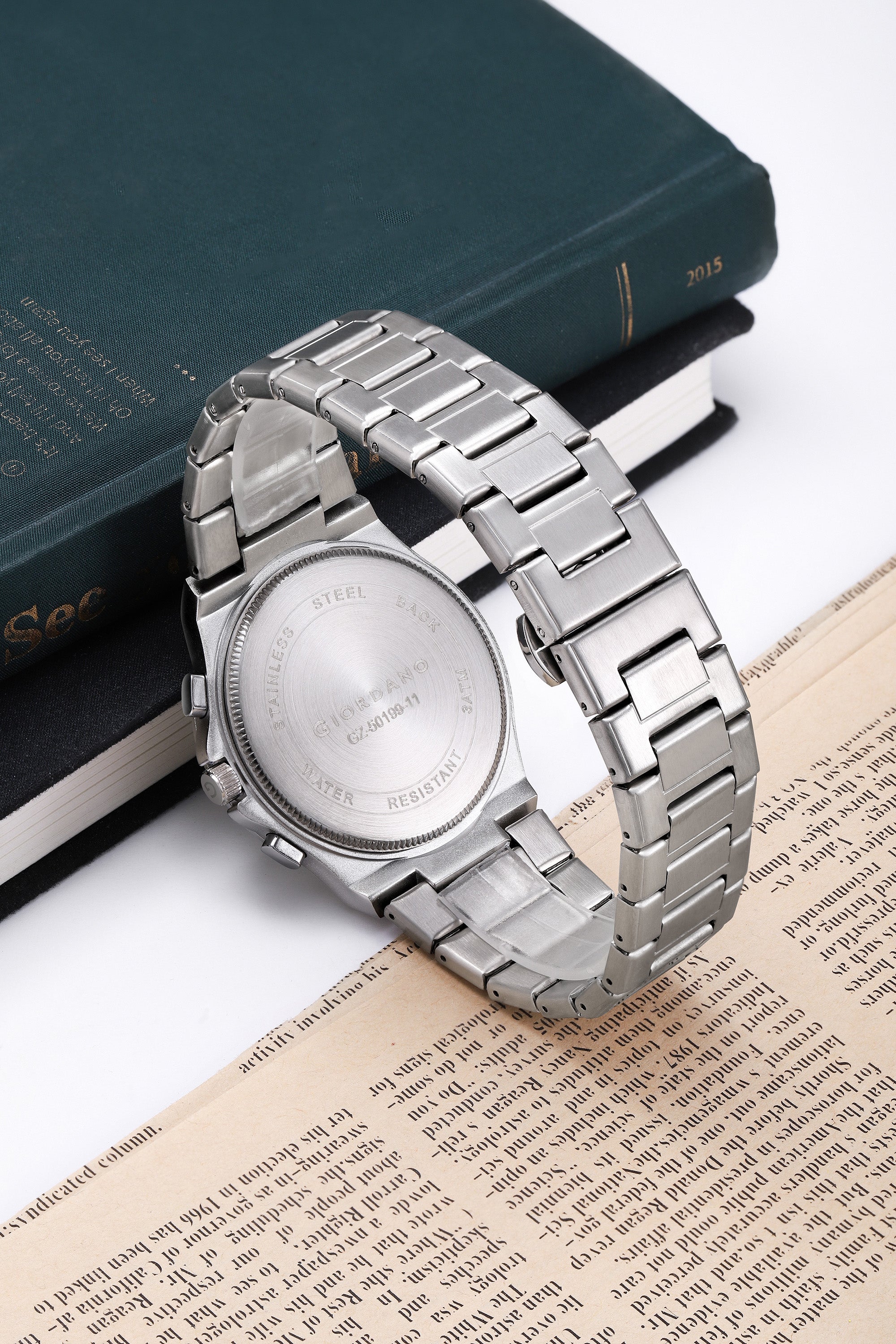 Giordano Chronograph Analog Quartz Watch for Men with Textured Round Black Dial, Date Function, Luminous Hands and Markers, Silver Stainless Steel Strap - GZ-50199-11