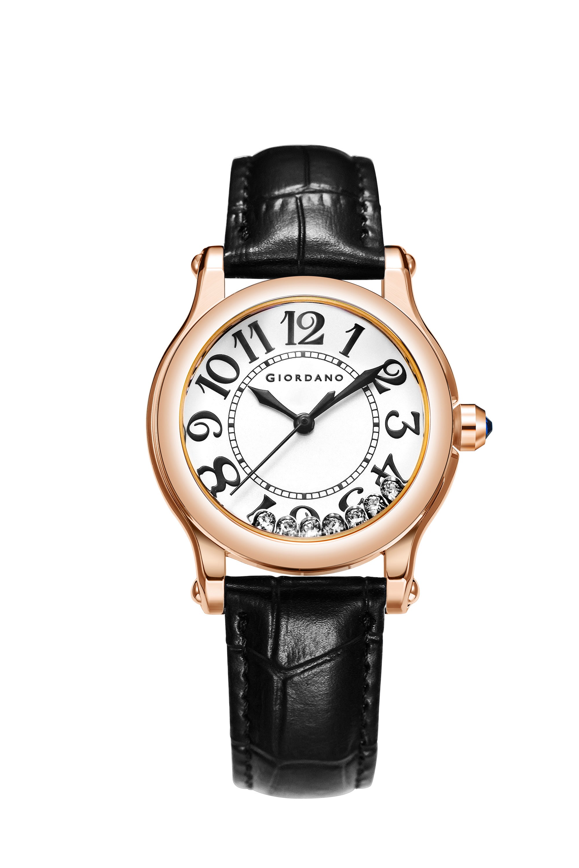 Giordano Elegant Analog Watch for Women with Round Dial & Dancing Diamonds, Arabic Numerals, Blue Crown and Leather Strap - GZ-60149-01