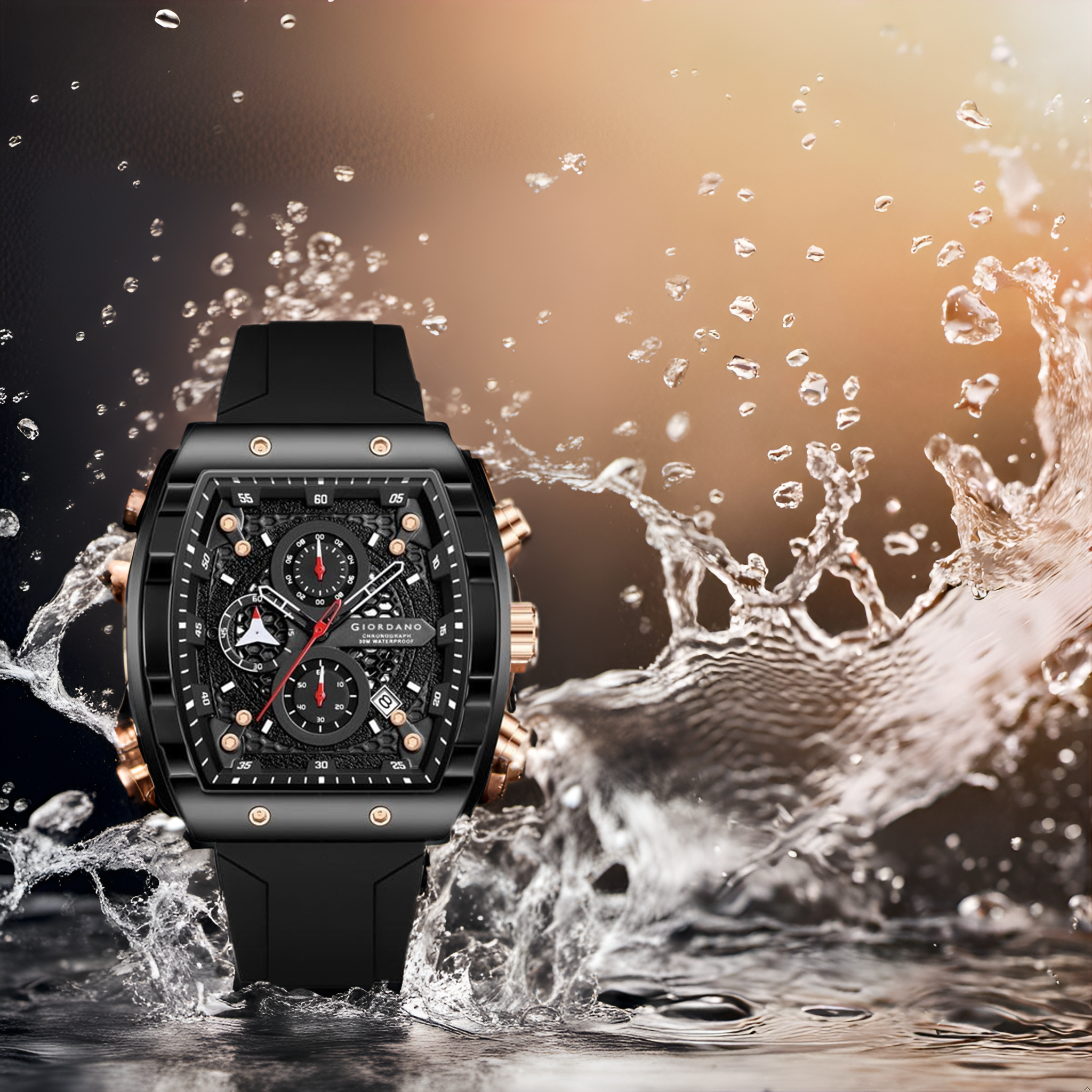 Giordano Black  Square Dial Multifuncational Watch for Men with Stylish Design, Waterproof, Date Display & Silicone Strap GZ-50123-01