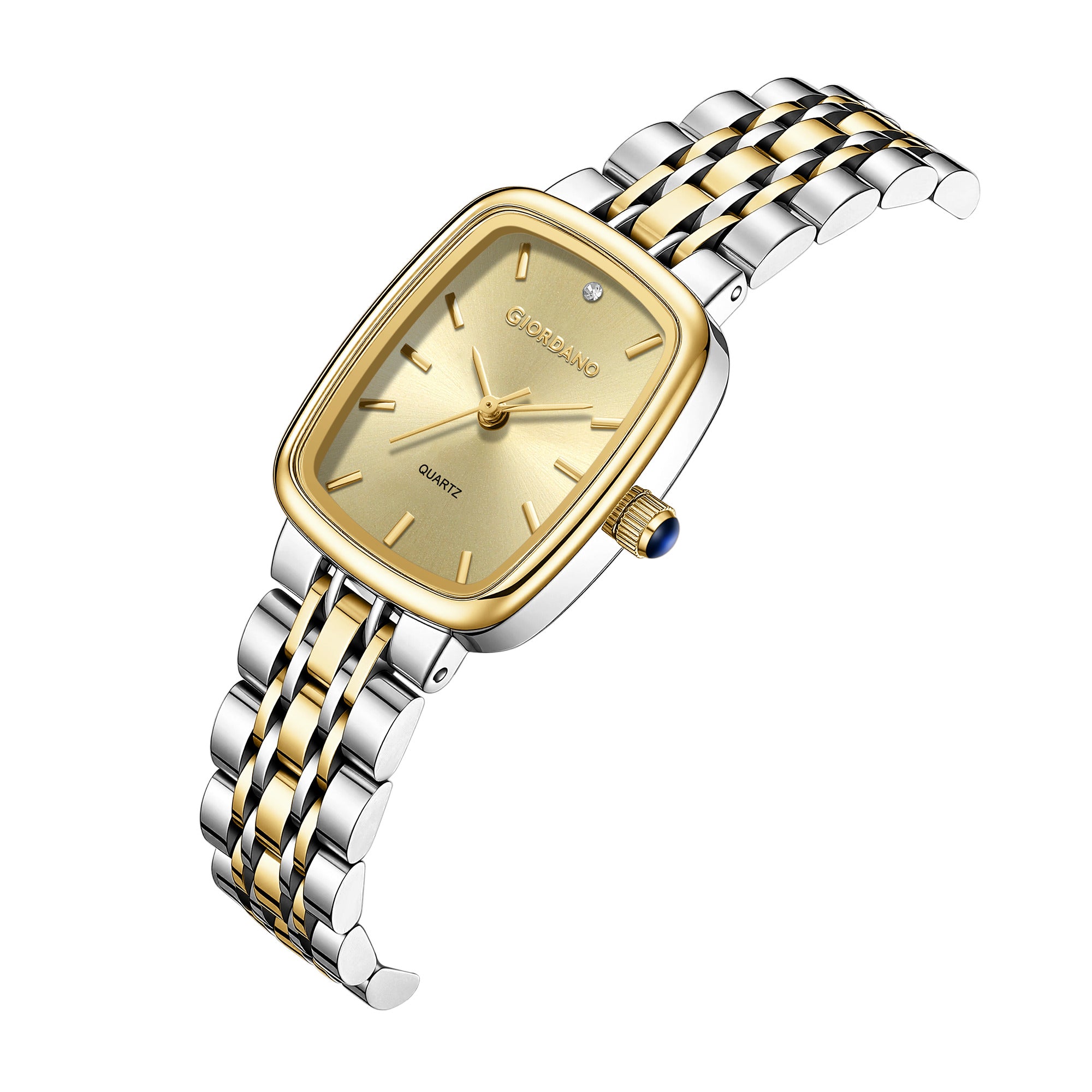 Giordano Analog Quartz Watch for Women with Rectangular Gold Dial, Blue Crown, Silver and Gold Stainless Steel Strap - GZ-60150-11