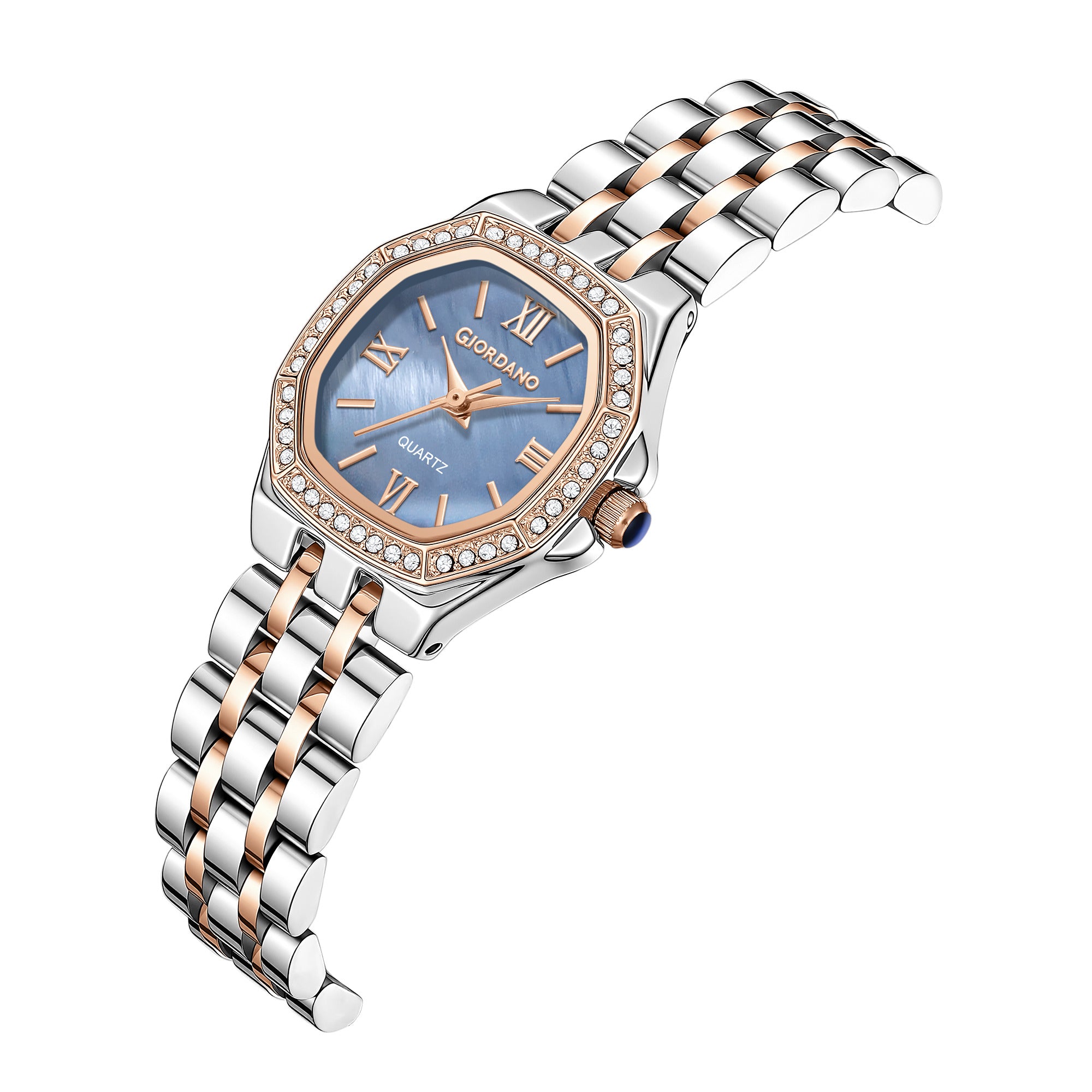 Giordano Analog Quartz Watch for Women with Round Blue Dial, Crystal Studded Bezel, Roman Markers and Stainless Steel Strap - GZ-60162-55