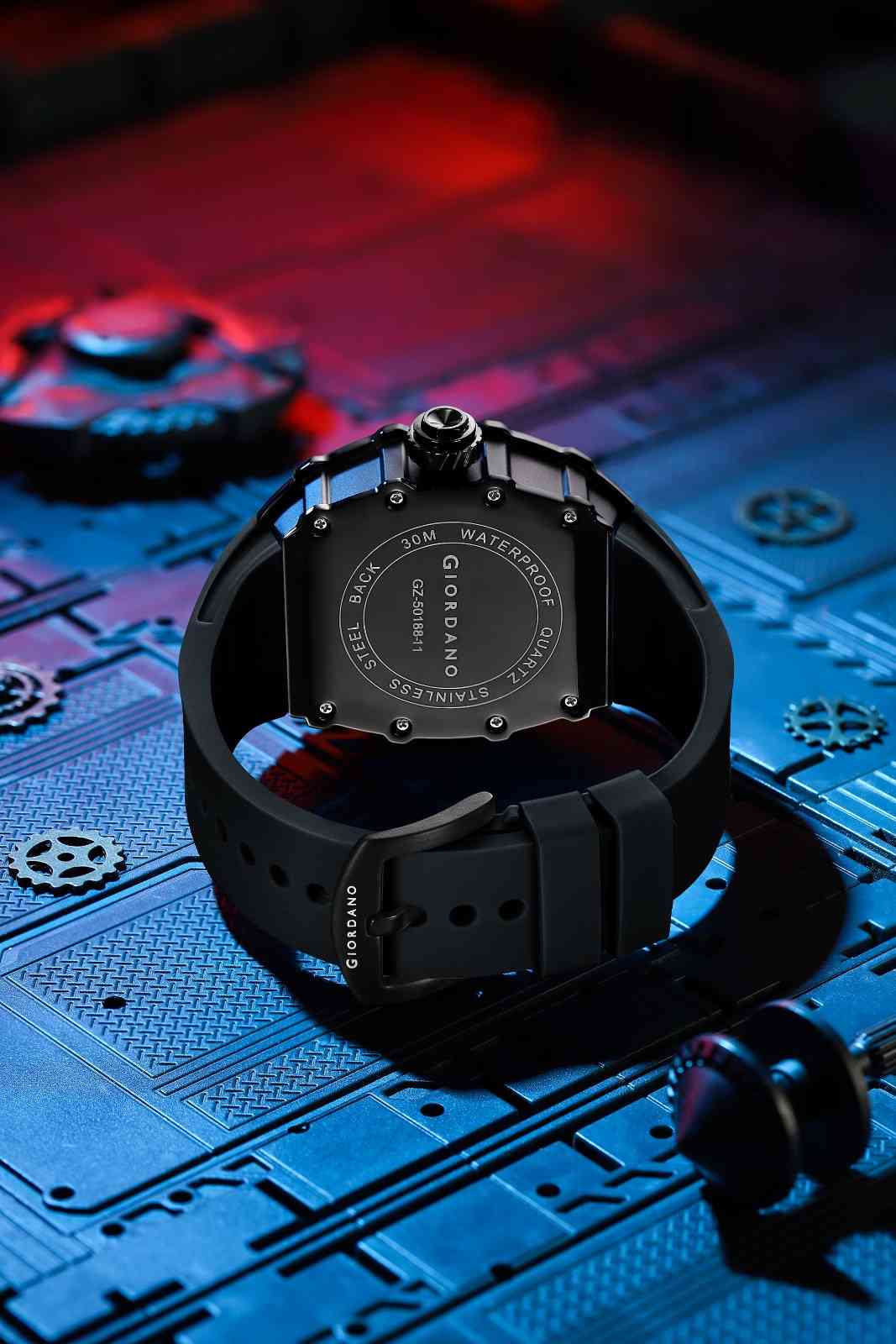 Giordano Analog Skeleton Dial Watch for Men – Tonneau Case, Silicone Strap, Open-Gear Sport Design, Quartz Movement - GZ-50188-11