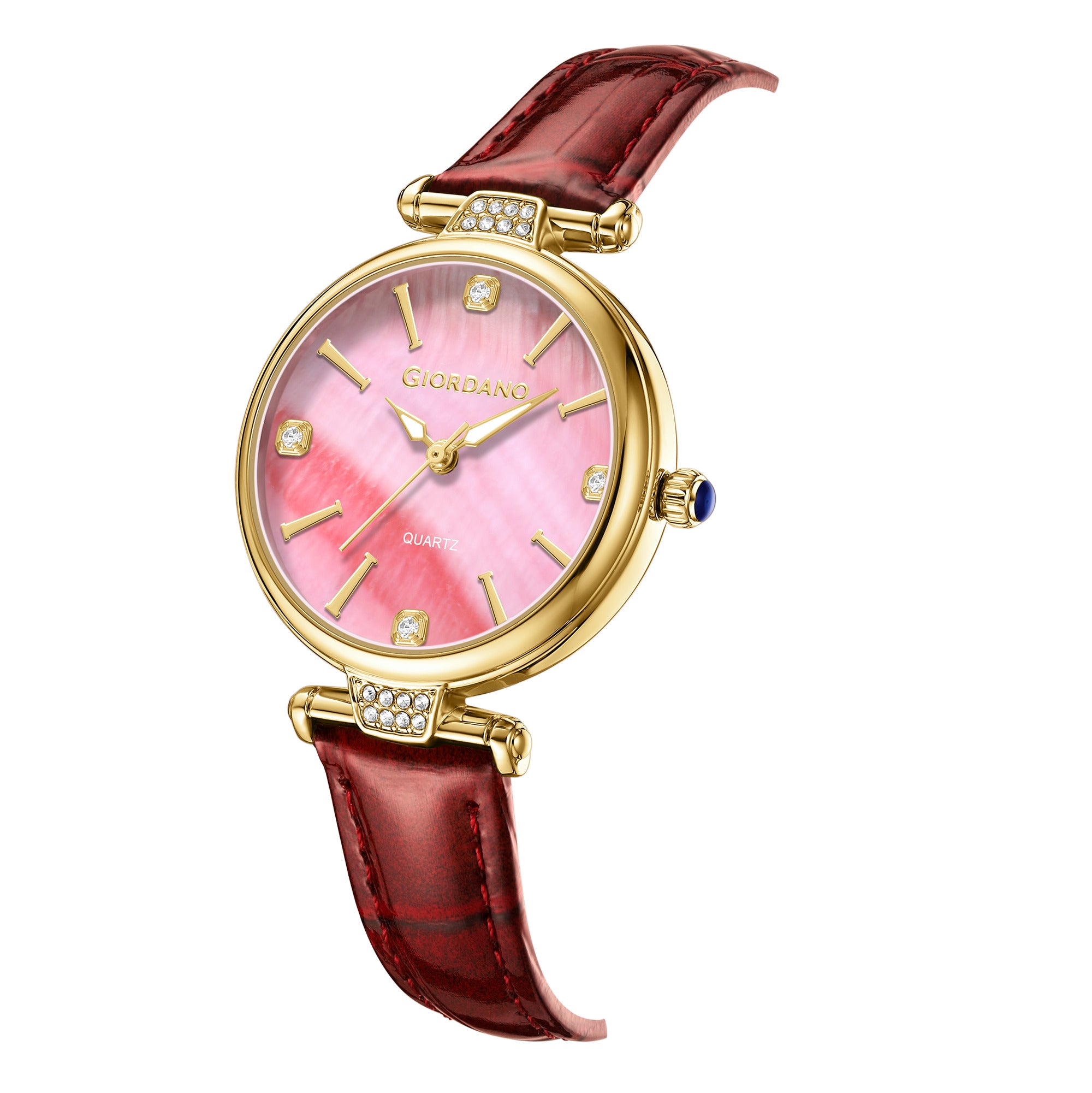 Giordano Analog Quartz Watch for Women with sunray Round Red Dial, Blue Crown, Luminos hands and Crystal hour markers, Red Leather Strap - GZ-60161-04
