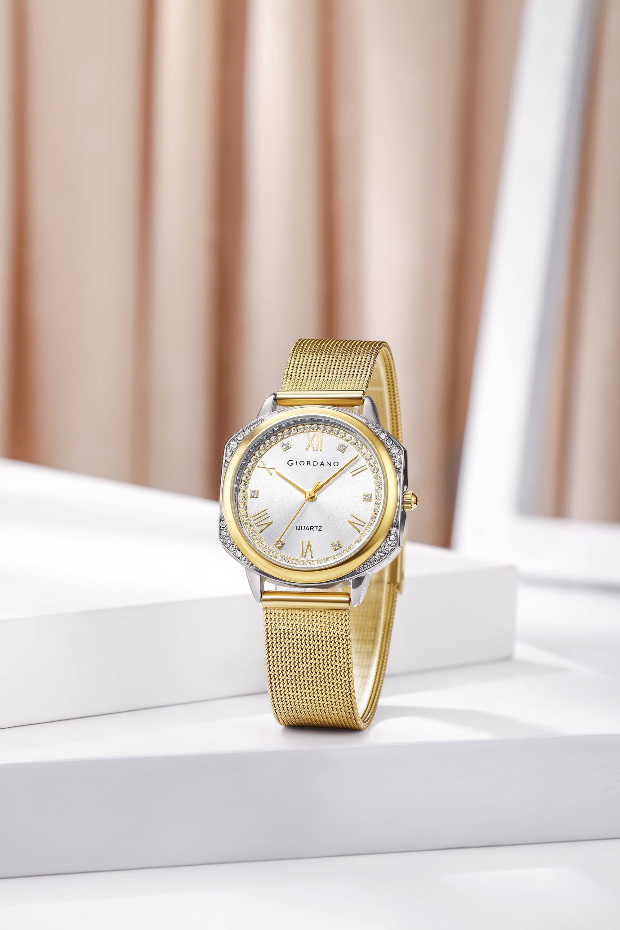 Giordano Gold Analog Quartz Watch Gift Set for Women – 3 Piece Combo with Mesh Strap, Roman Numeral Crystal Studded Dial, Round Pearl Pendant Necklace & Bangle Bracelet - GZ-60183-33