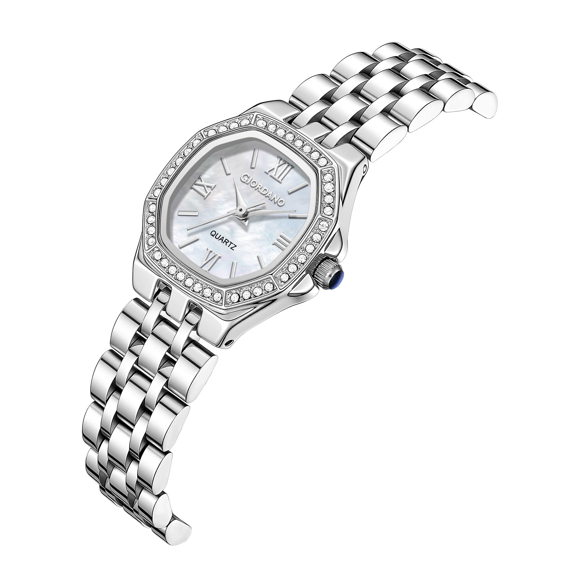 Giordano Analog Watch for Women with Silver Dial, Crystal Studded Bezel, Roman Indices & Stainless Steel Strap GZ-60162-22