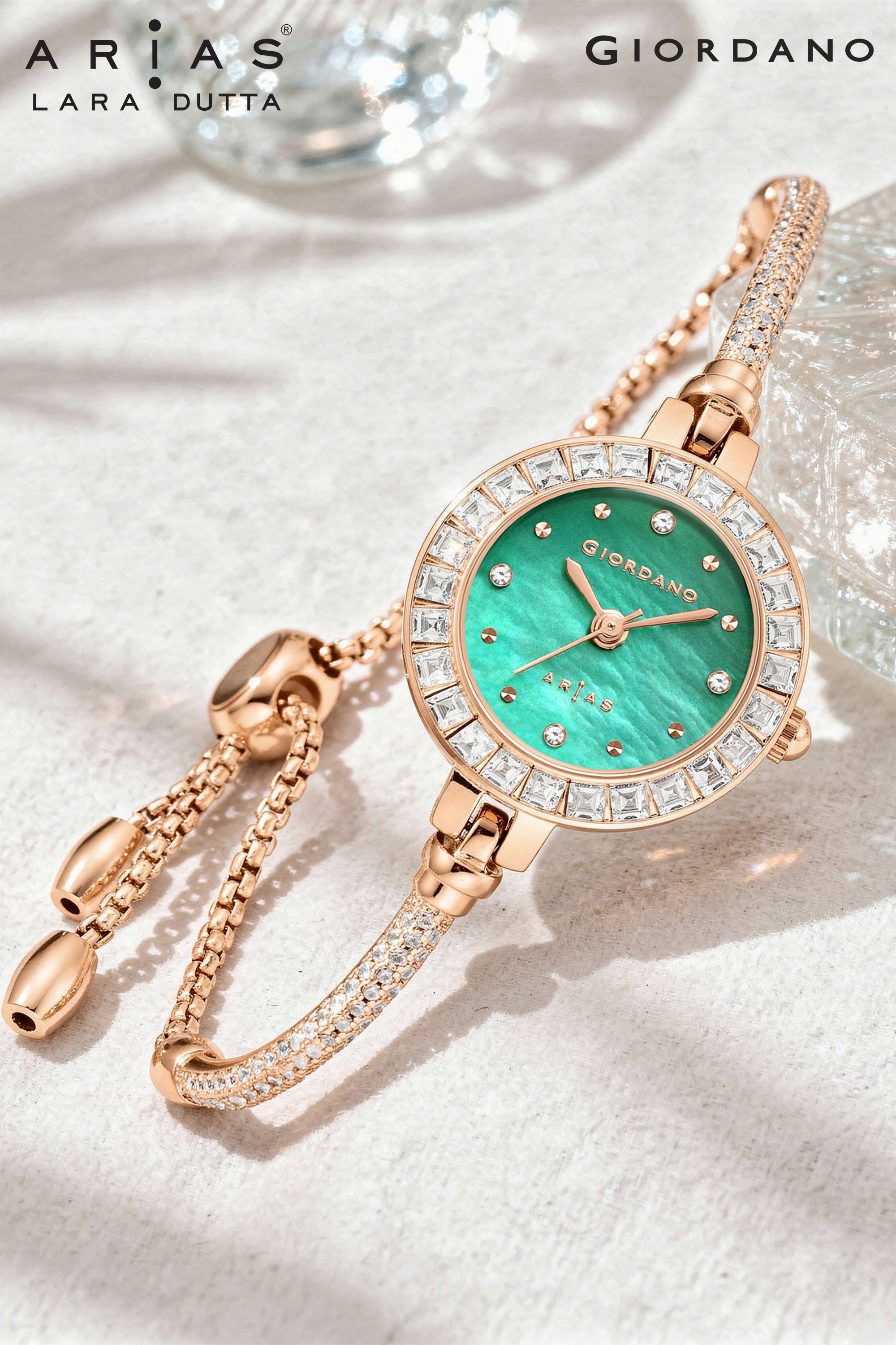 Giordano Arias by Lara Dutta Signature Collection Analog Quartz Watch for Women with Mother-of-Pearl Dial, Baguette-Cut Crystal Studded Bezel and Rose Gold Adjustable Chain Bracelet Strap GZ-60178-22