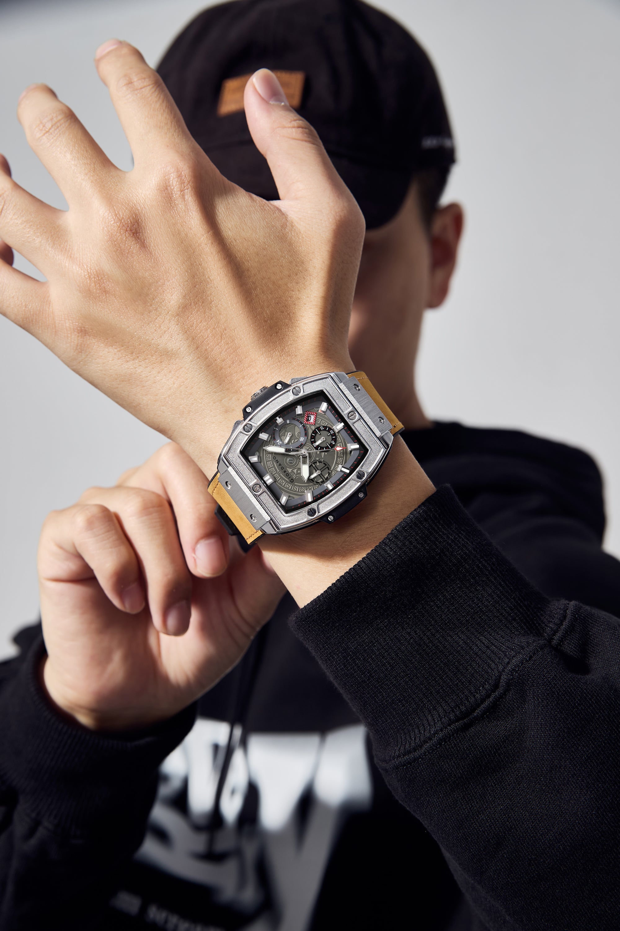 Giordano Terminator Men's Brown Leather Multifunction Watch - with Day, Date, and 24-Hour Sub-Dials | Water Resistant Square Dial Unique Design Wrist Watch for Man | GZ-50098-01