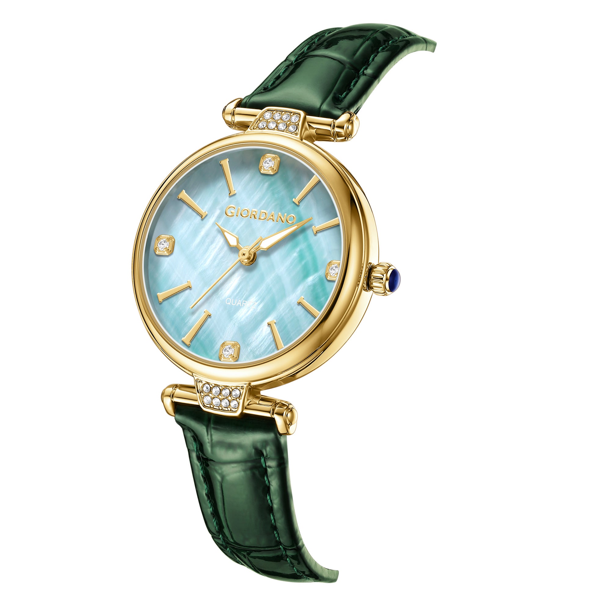 Giordano Analog Quartz Watch for Women with sunray Round Green Dial, Blue Crown, Luminos hands and Crystal hour markers, Silver Leather Strap - GZ-60161-03