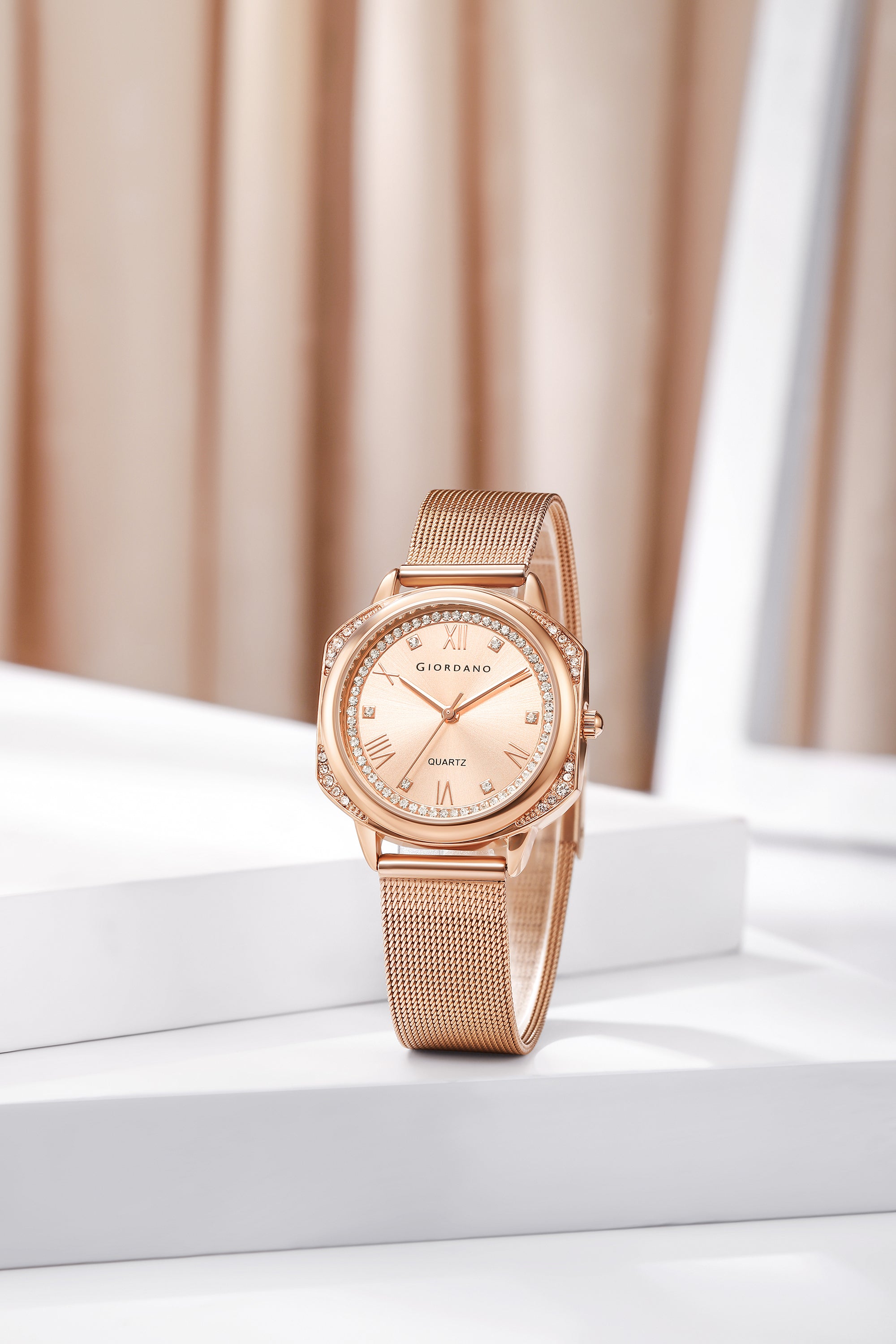 Giordano Rose Gold Analog Quartz Watch Gift Set for Women – 3 Piece Combo with Mesh Strap, Roman Numeral Crystal Studded Dial, Round Pearl Pendant Necklace & Bangle Bracelet - GZ-60183-22
