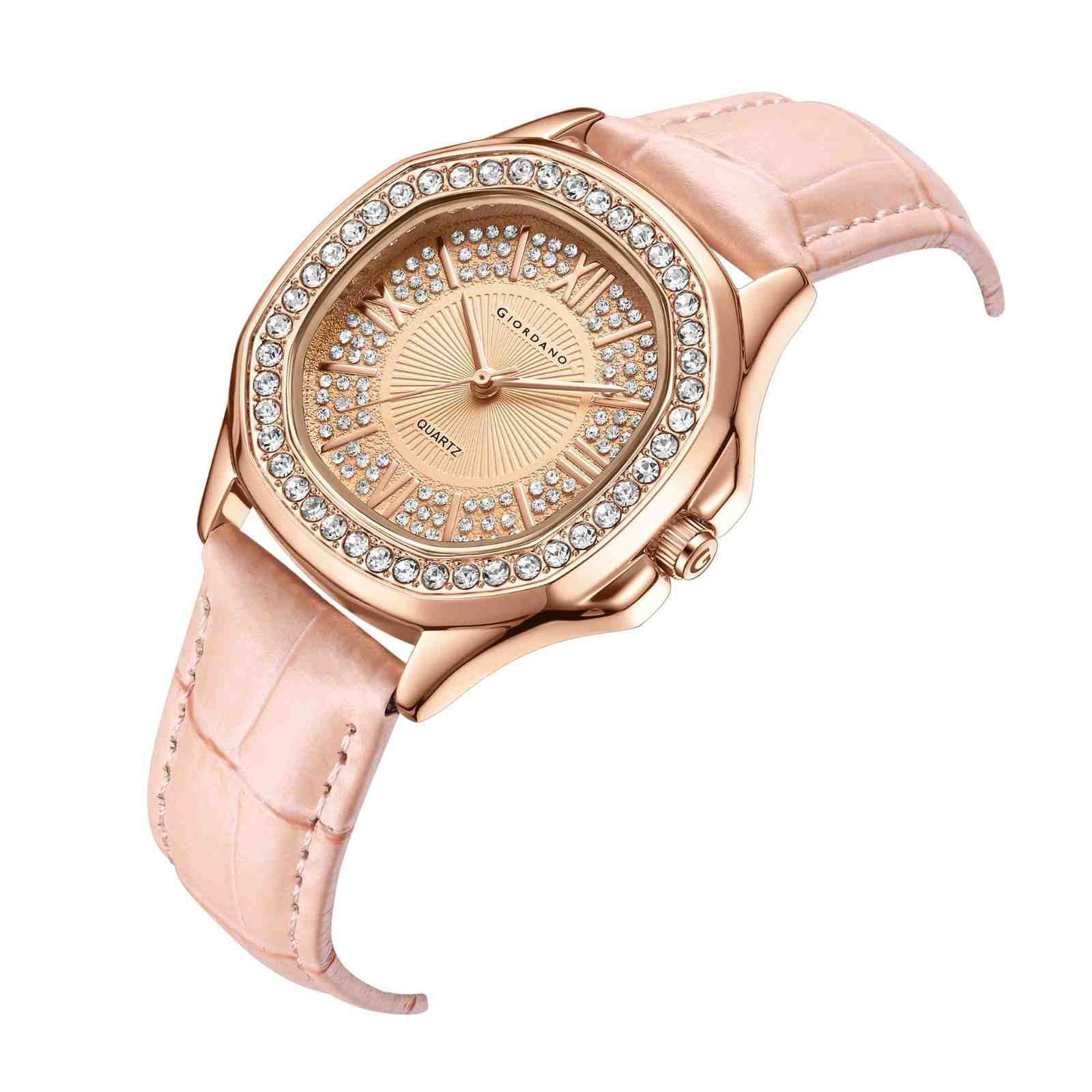 Giordano Luxury Analog Watch for Women with Crystal-Studded Bezel & Leather Strap – Octagonal Case, Elegant Quartz Wristwatch GZ-60141-33