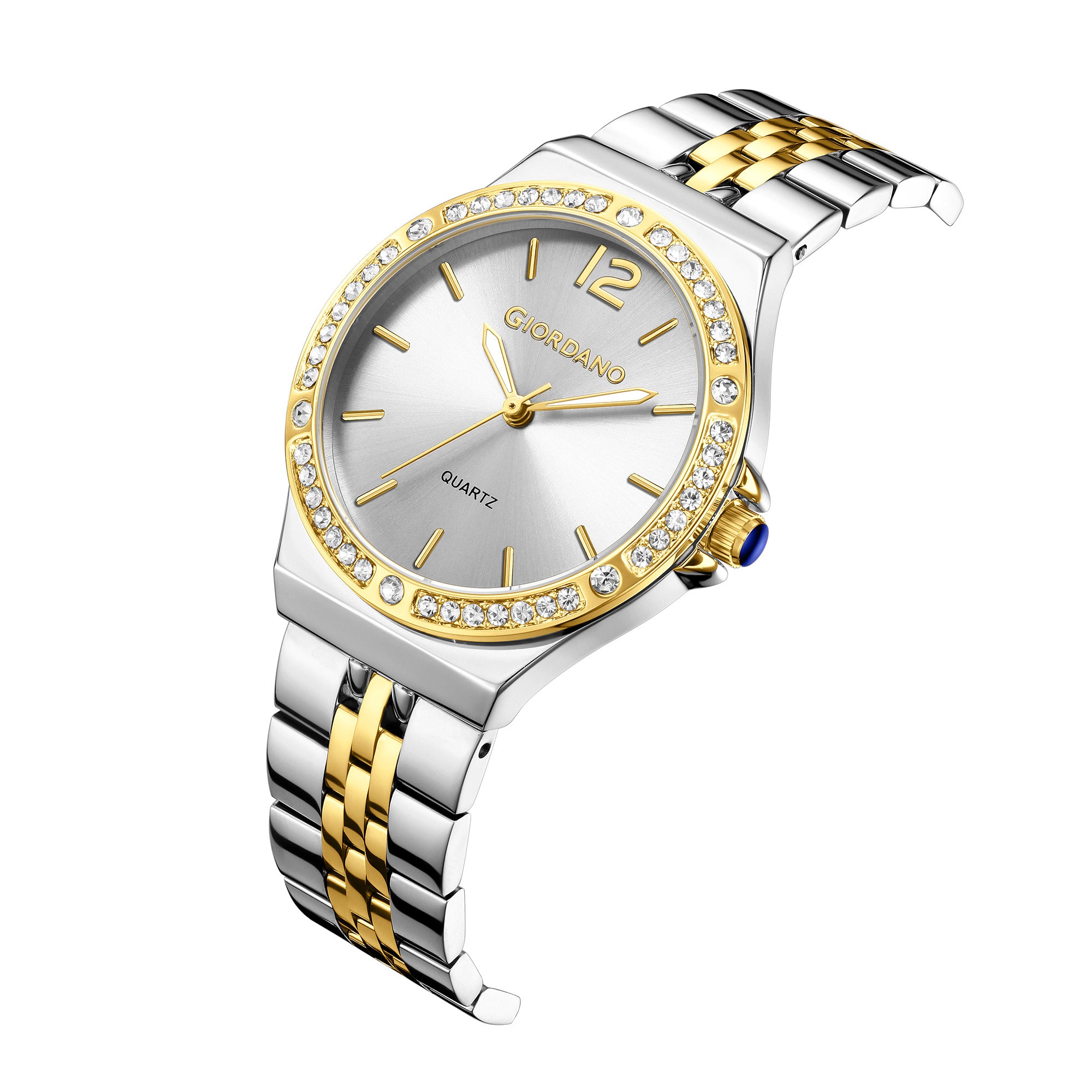 Giordano Analog Quartz Watch for Women with Round White Dial, Crystal Studded Bezel, Blue Crown, Luminous Hands, Silver and Gold Stainless Steel Strap - GZ-60159-66