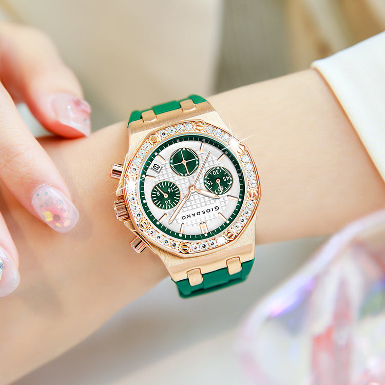 महिलाओं के लिए जिओर्डानो क्रोनोग्राफ घड़ी | स्टेनलेस स्टील केस, क्रिस्टल बेज़ेल | आरामदायक सिलिकॉन स्ट्रैप के साथ आधुनिक और स्टाइलिश टाइमपीस | GZ-50154-33