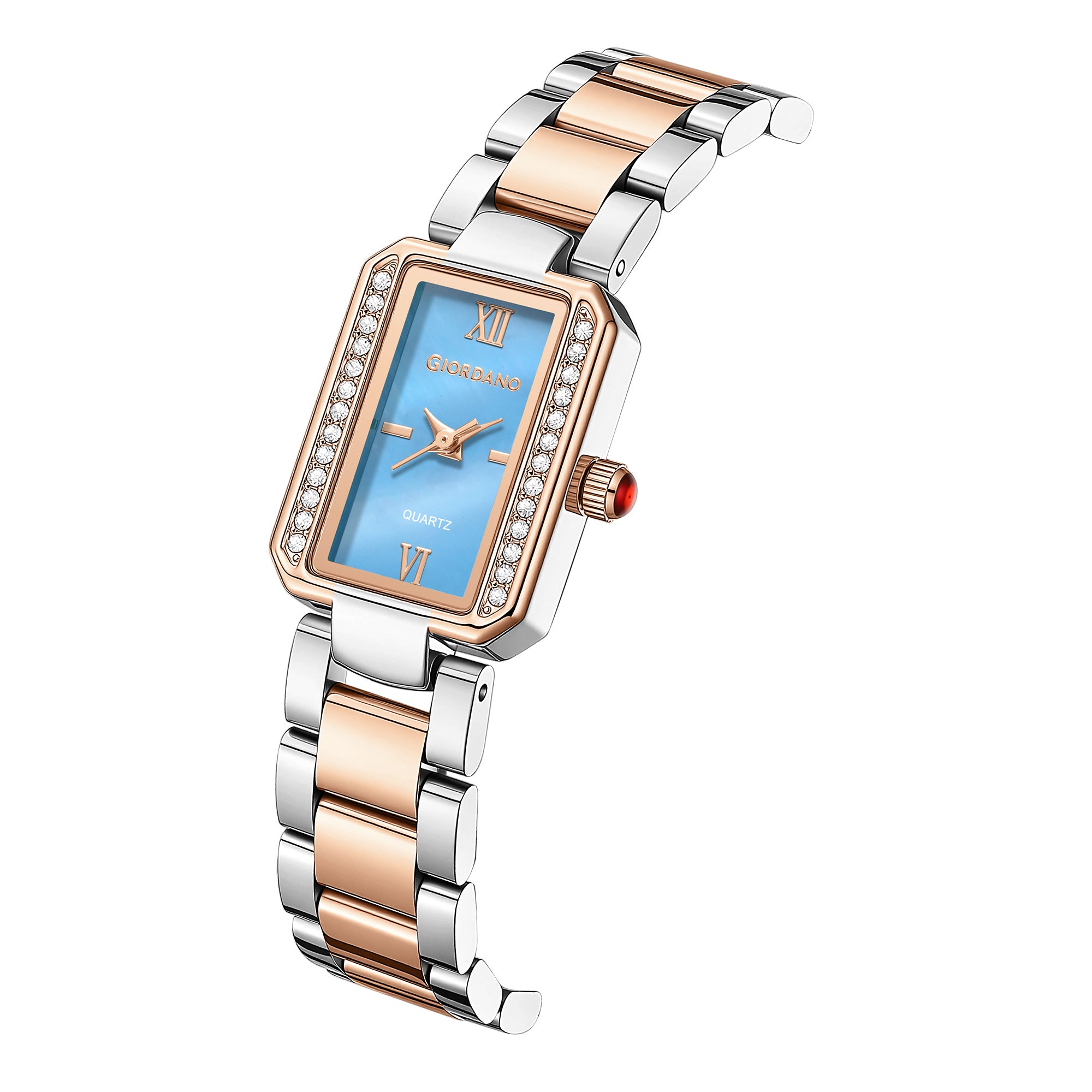 Giordano Analog Quartz Watch for Women with sunray Rectangle Blue Dial, Roman indices, Crystal studded bezel, Blue Crown, Silver and Rose Gold Stainless Steel Strap - GZ-60167-22