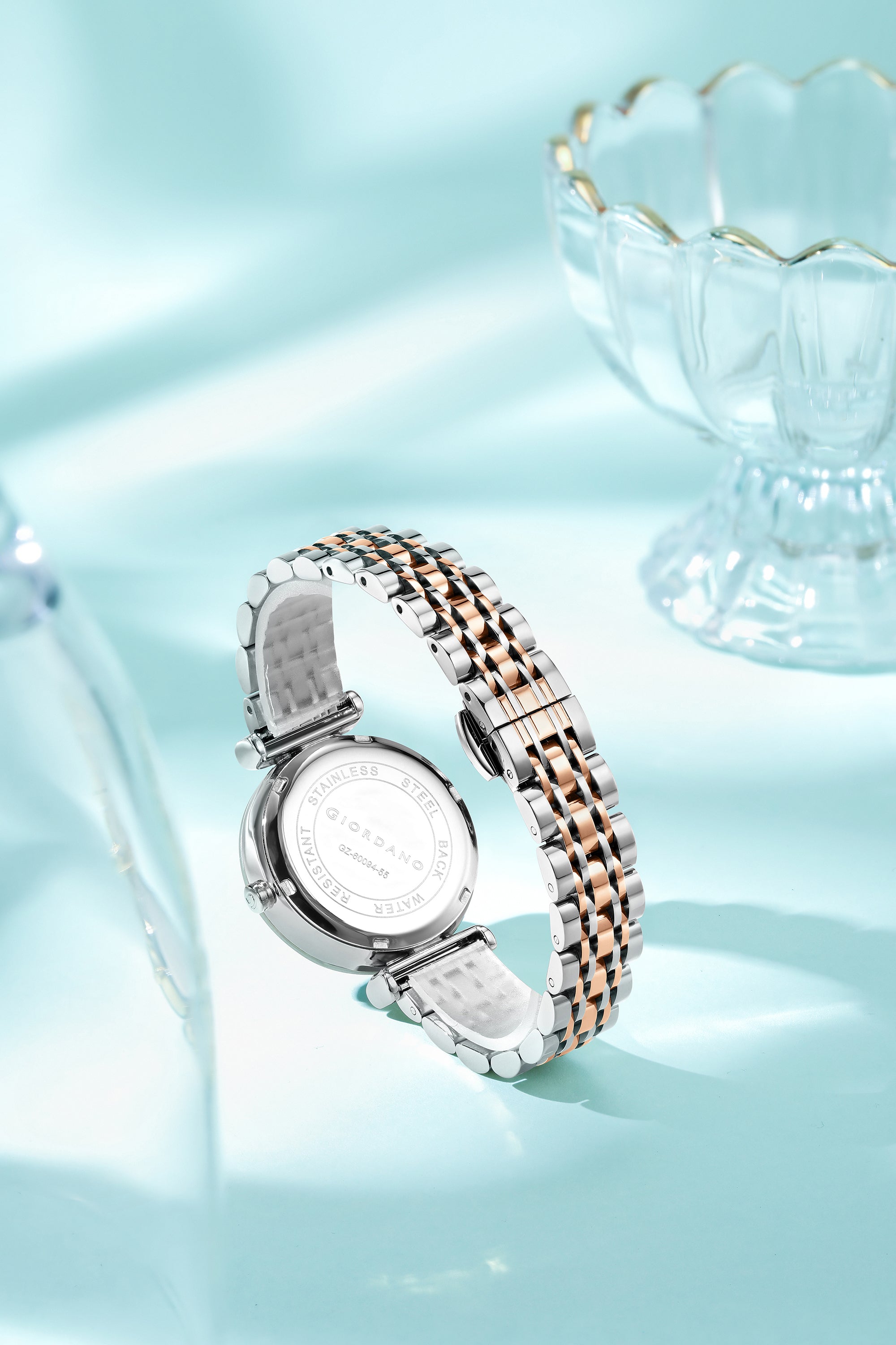 Giordano Analog Quartz Watch for Women with Silver Round Sunray Dial, Moonphase Display, Diamond Studded Hour Markers and Two-Tone Silver & Rose Gold Stainless Steel Bracelet - GZ-60094-55