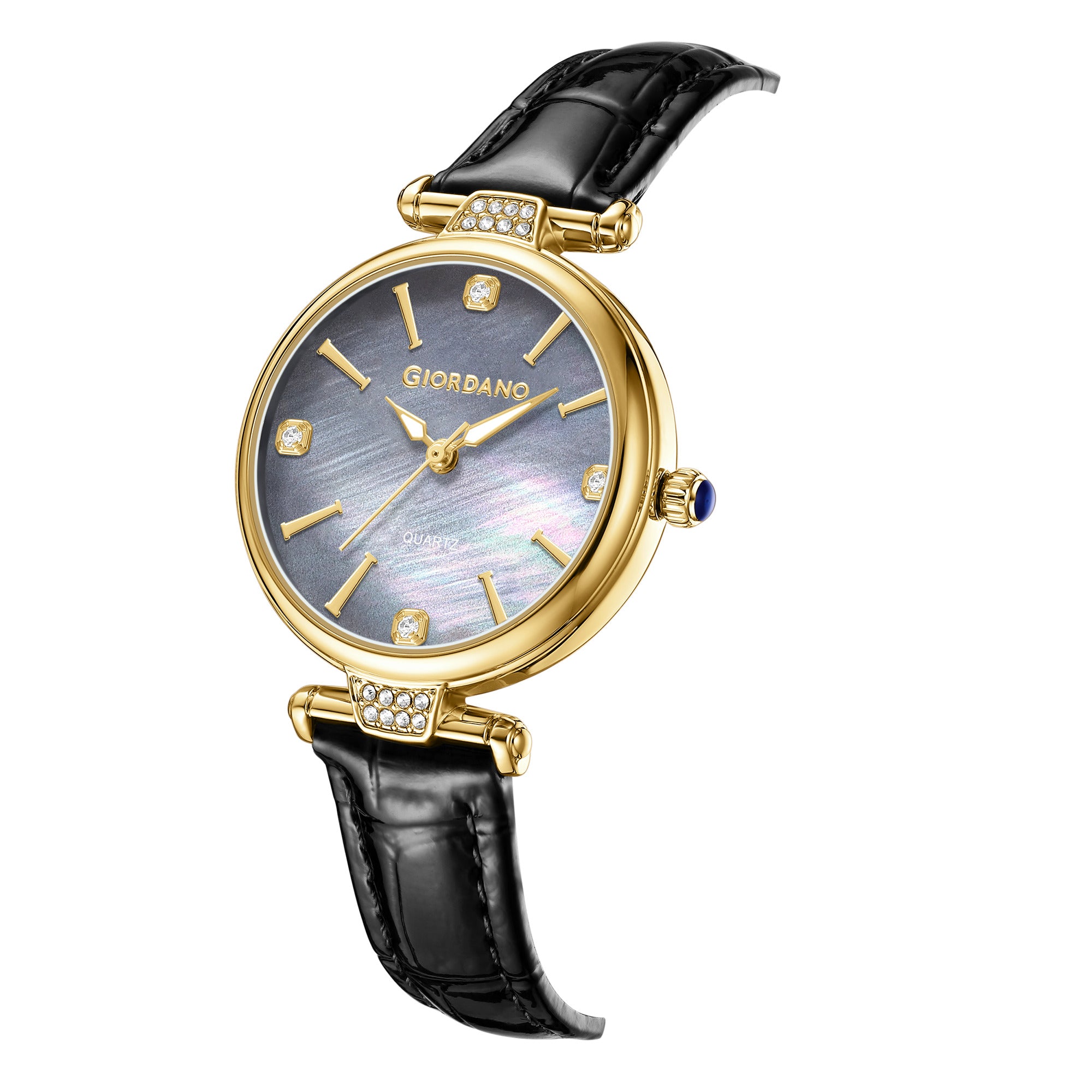 Giordano Analog Quartz Watch for Women with sunray Round Grey Dial, Blue Crown, Luminos hands and Crystal hour markers, Black Leather Strap - GZ-60161-01