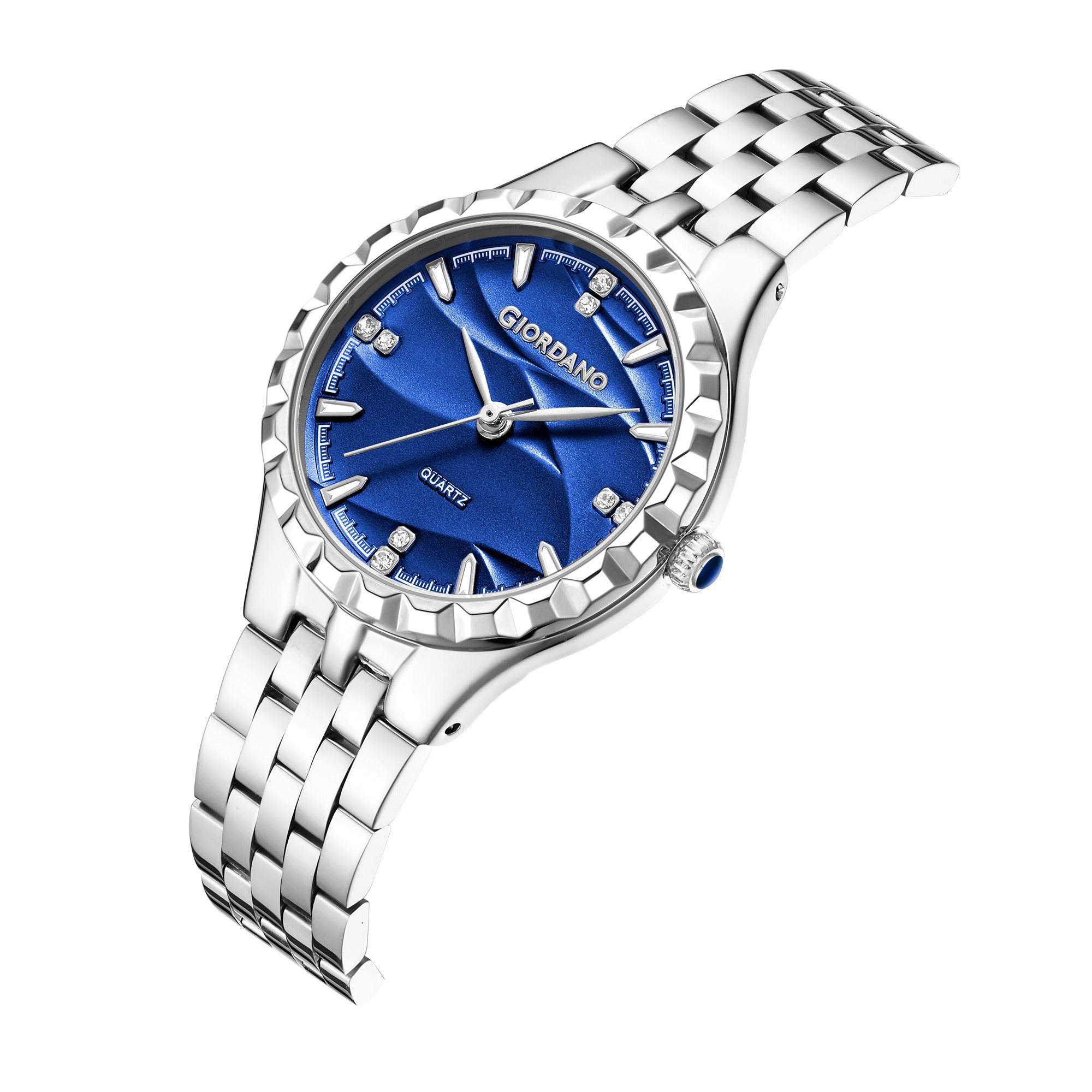 Giordano Analog Quartz Watch for Women with Textured Round Blue Dial, Luminous Hands and Markers, Silver Stainless Steel Strap - GZ-60164-22