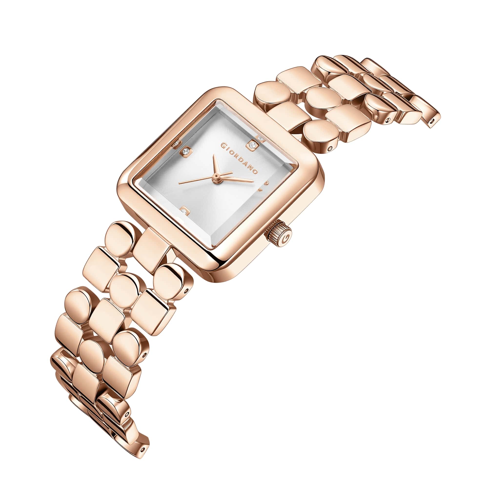 Giordano Square Analog Watch for Women with Gloss Glass Dial, Crystal Markers, Quartz Movement & Stainless Steel Strap - GZ-60134-11