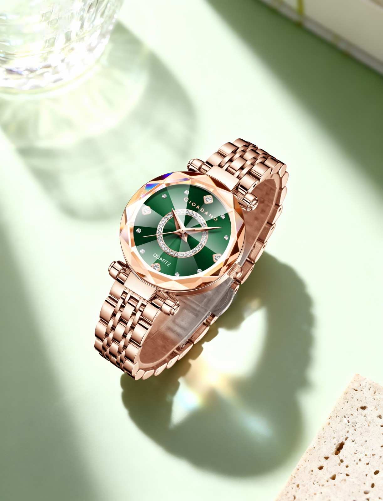 Giordano Analog Watch for Women – Round Dial with Crystal Accents, Rose Gold Stainless Steel Strap, Elegant Timepiece - GZ-60138-33