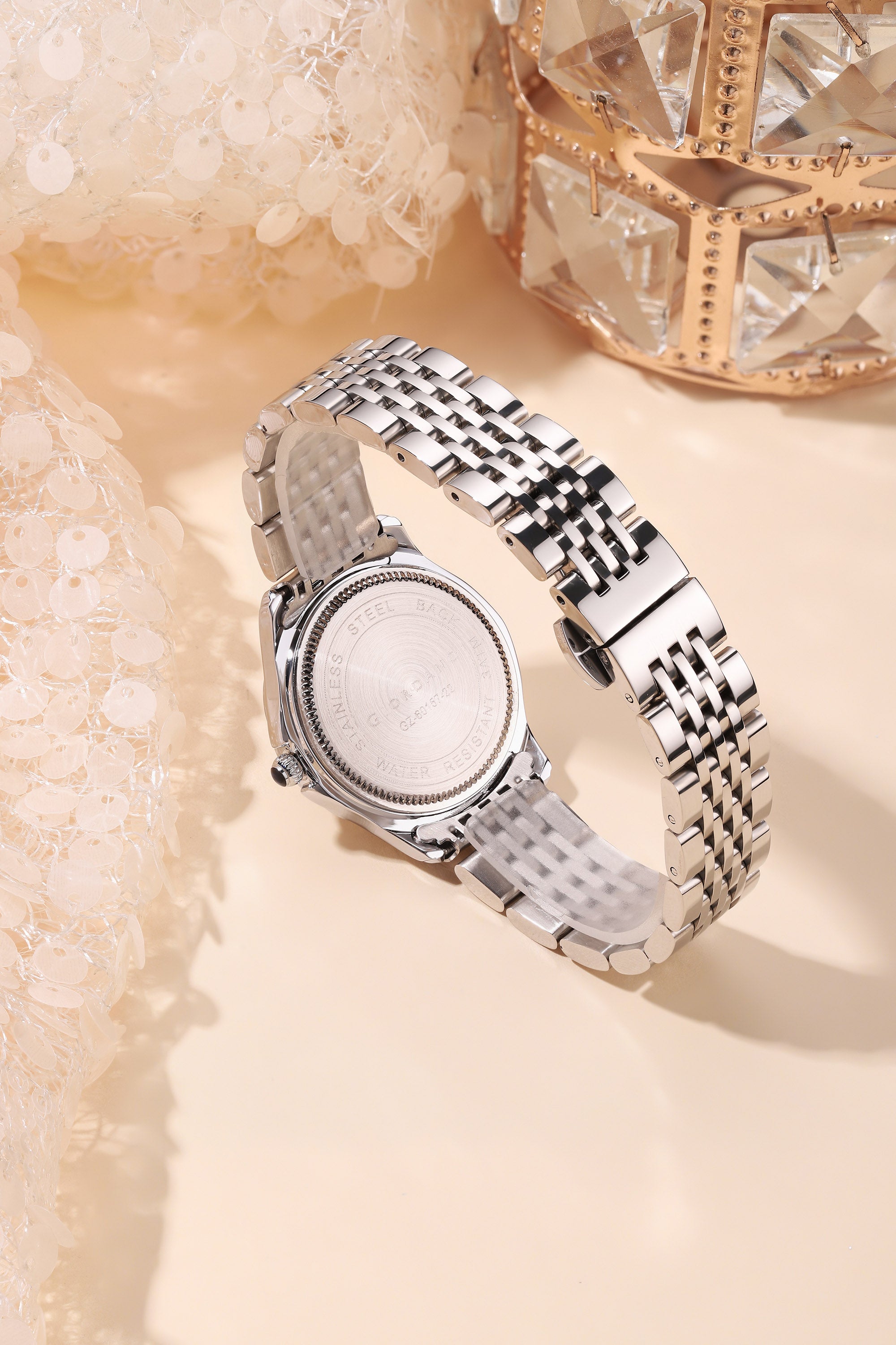 Giordano Analog Quartz Watch for Women with Textured Round Brown Dial, Flower shape case, Blue Crown, Crystal studded hour markers and bezel, Silver Stainless Steel Strap - GZ-60157-22