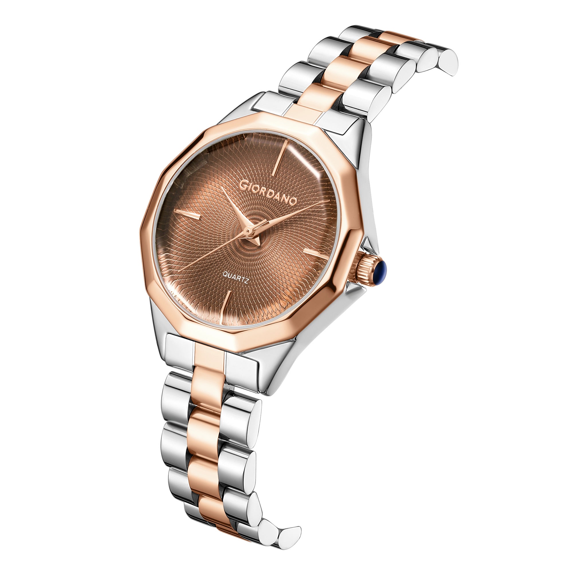 Giordano Analog Quartz Watch for Women with Textured Round Brown Dial, Square Case, Blue Crown, Silver and Rose Gold Stainless Steel Strap - GZ-60158-11