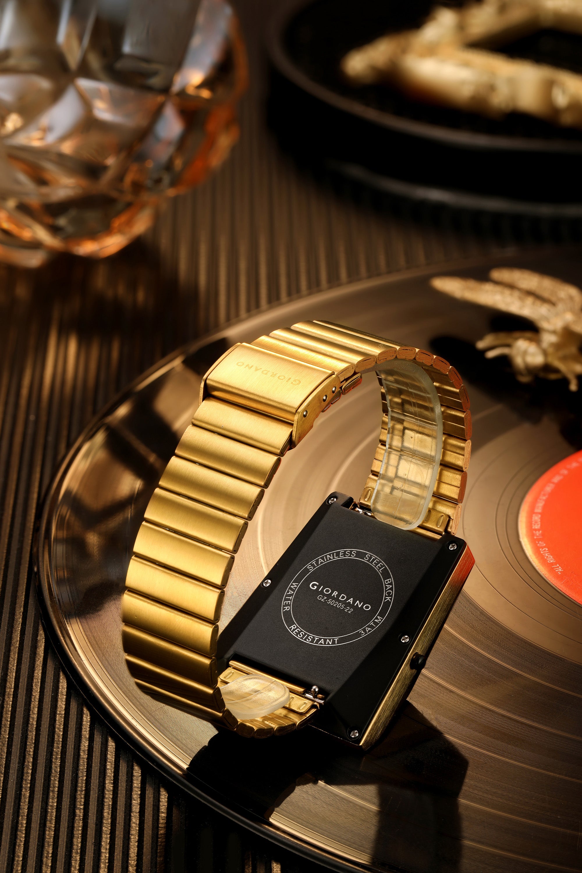 Giordano Analog Digital Watch for Men with Triangle Shape Black Dial, Dual Time Display, Gold Stainless Steel Strap - GZ-50205-22