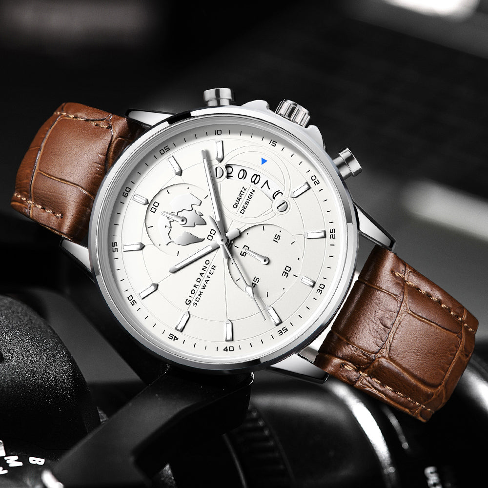 Giordano Mutifunction Watch for Men with Round Silver Dial, Date Display and Brown Leather Strap GZ-50165-02
