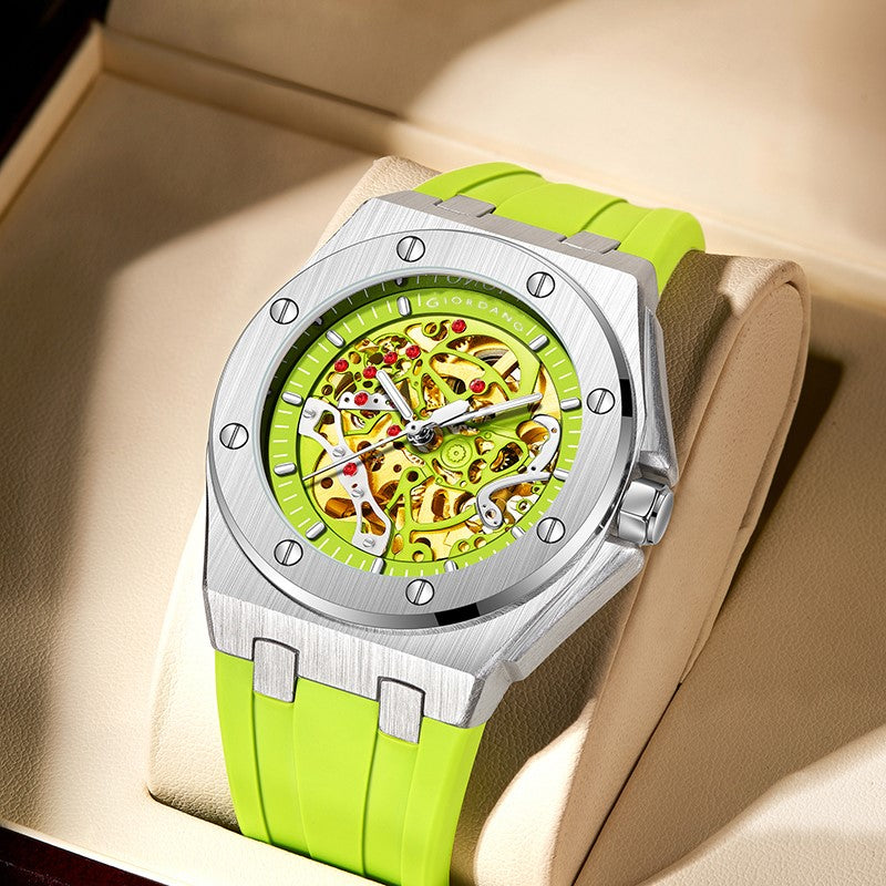 Giordano Automatic Watch for Men – Mechanical Skeleton Dial,Transparent Gear Display, Silicon Strap | GZ-50129-03