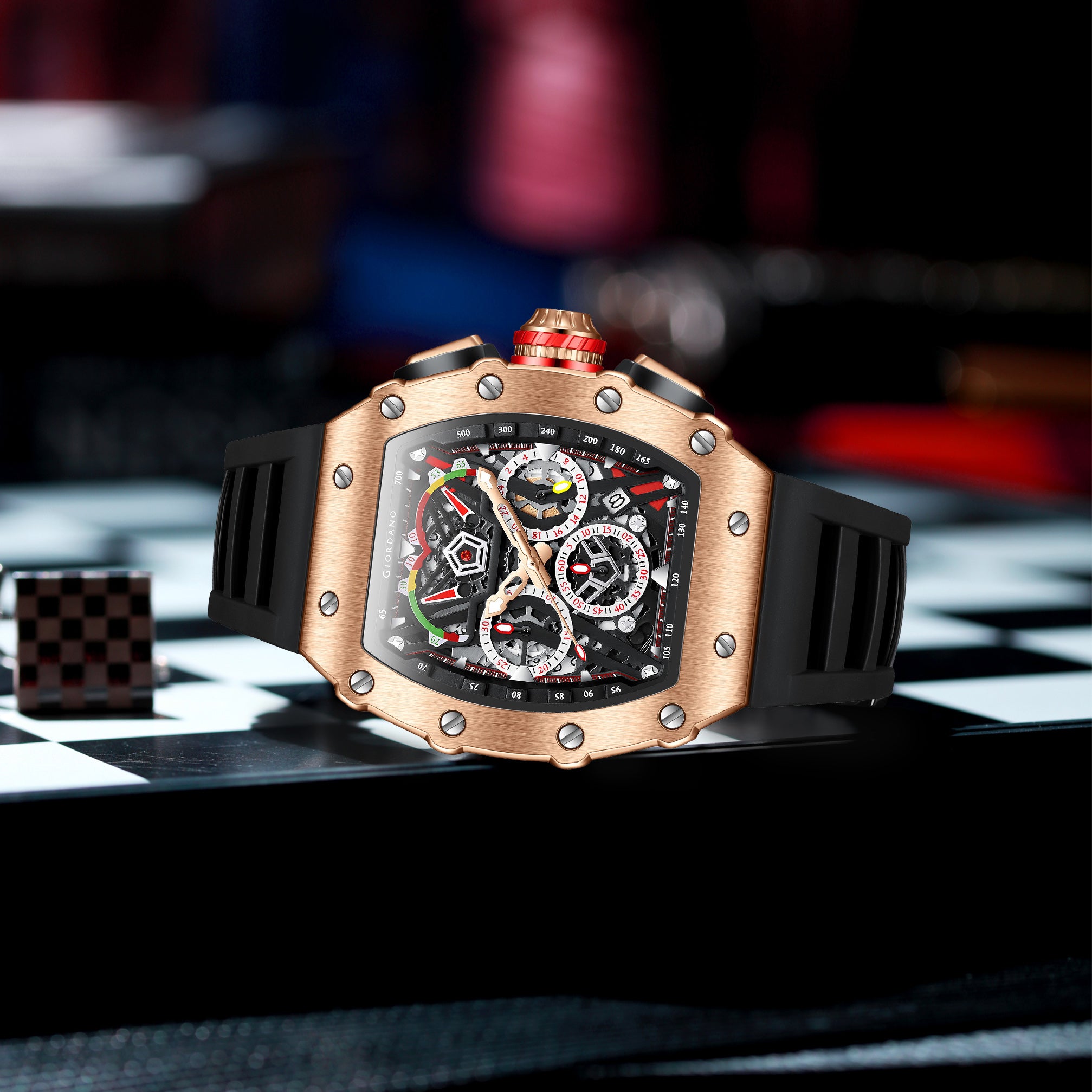 Giordano SPYDER Multifunction Watch - with Day, Date, and 24-Hour Sub-Dials | Water Resistant Square dial Unique Design Wrist Watch for Man | Best Gift for Males - GZ-50120-02