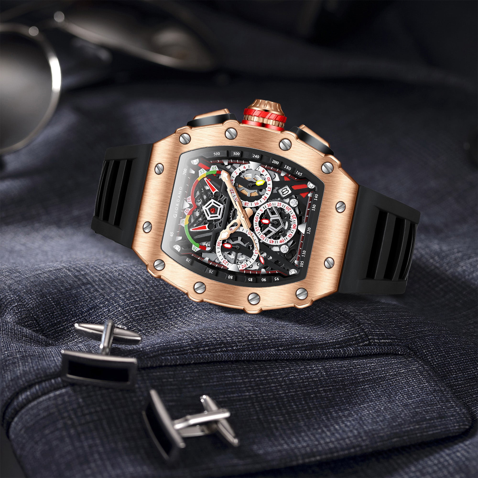 Giordano SPYDER Multifunction Watch - with Day, Date, and 24-Hour Sub-Dials | Water Resistant Square dial Unique Design Wrist Watch for Man | Best Gift for Males - GZ-50120-02