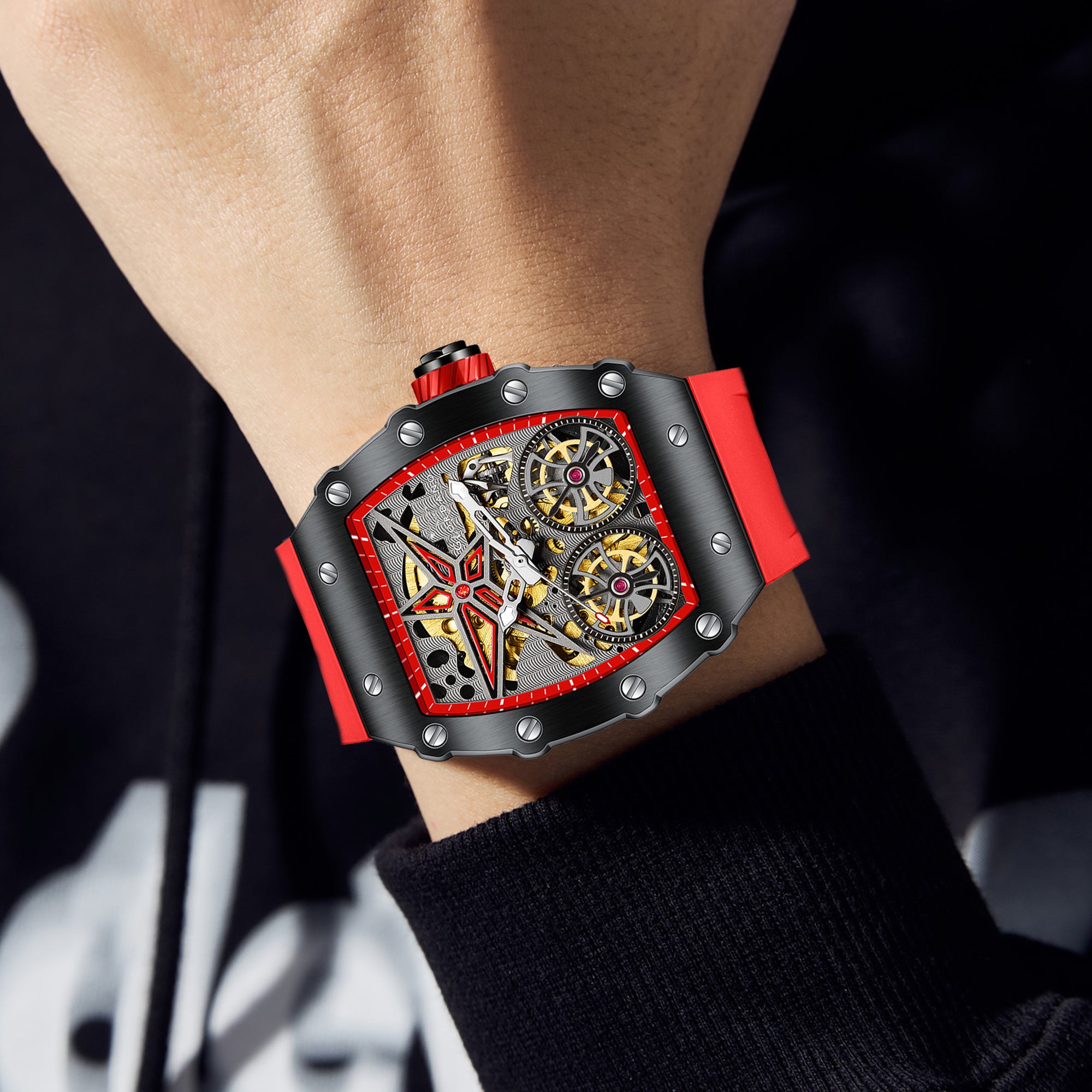 Giordano Luxury Automatic Watch for Men – Mechanical Skeleton Dial, Dual Gear Display,Silicon Strap | GZ-50128-04