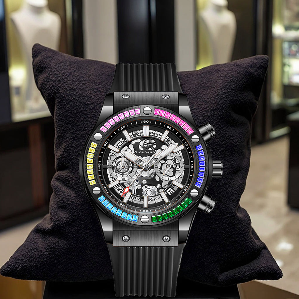 Giordano Multi-Function Watch for Men | Rainbow Crystal Bezel | Skeleton Dial | Black Sillicon Strap | GZ-50130-01