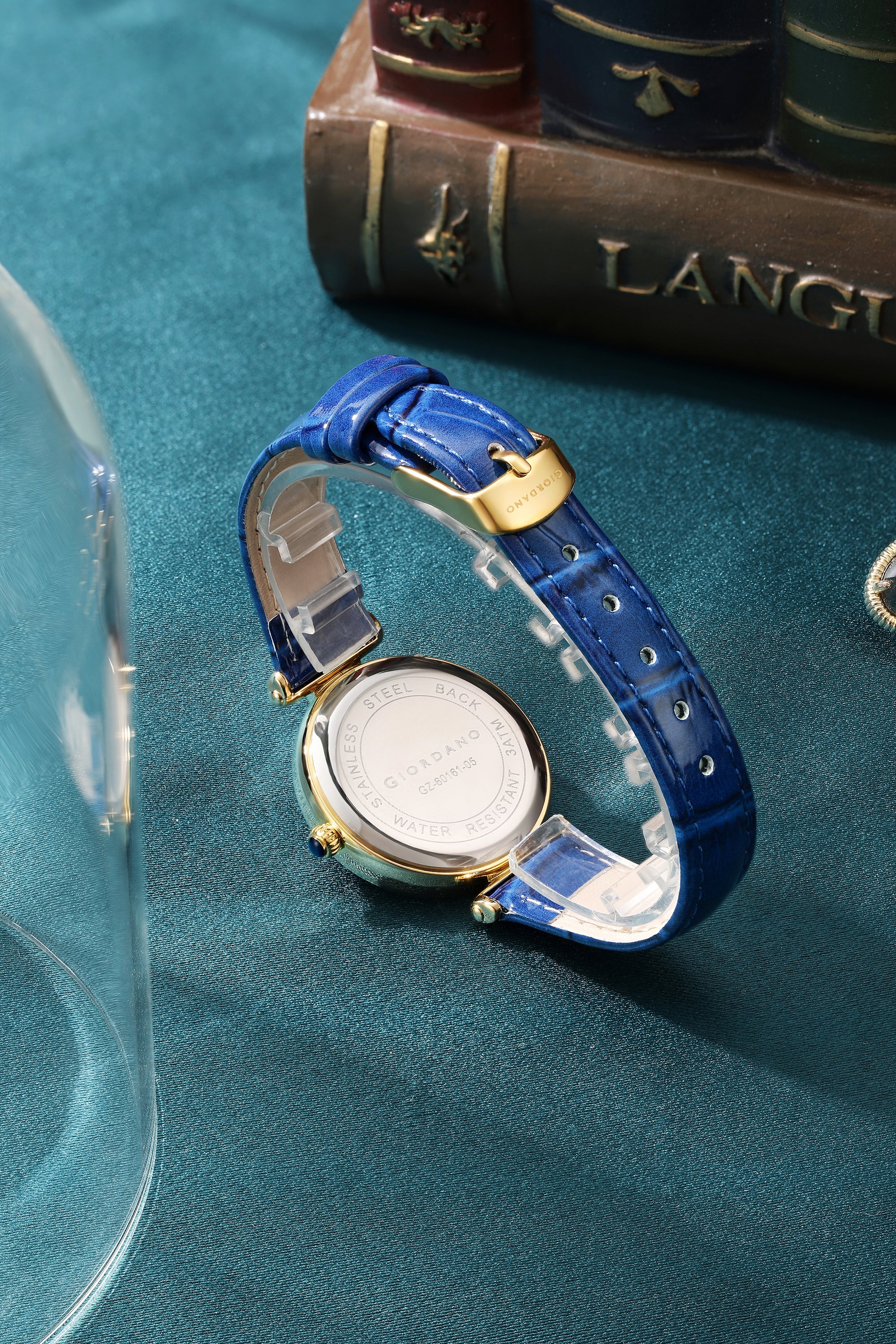 Giordano Analog Quartz Watch for Women with sunray Round Blue Dial, Blue Crown, Luminos hands and Crystal hour markers, Blue Leather Strap - GZ-60161-05