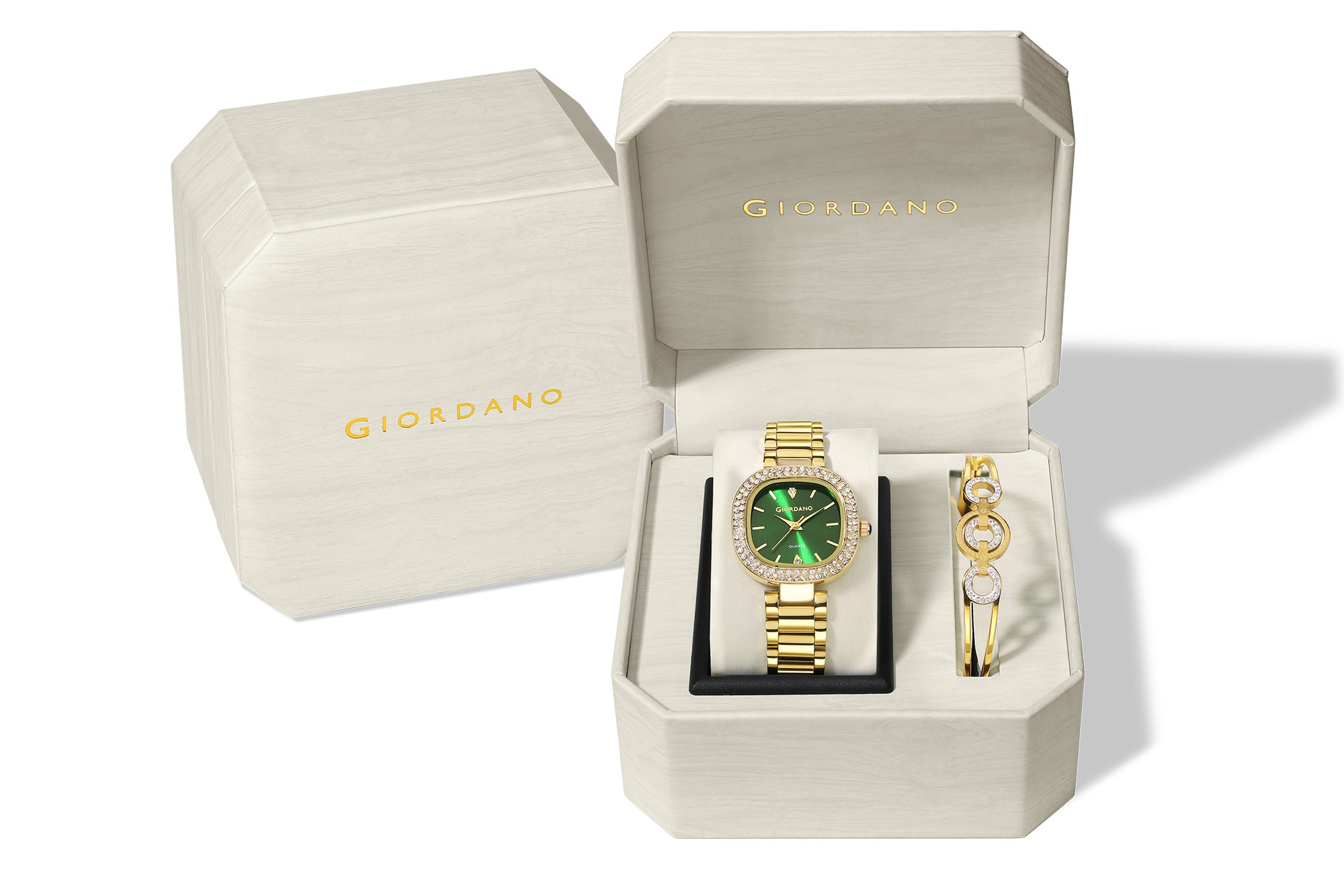 Giordano Analog Quartz Watch for Women with Bangle Square Green Dial, Blue Crown, Crystal Studded Hour Markers and Bezel, Gold Stainless Steel Strap - GZ-60166-33