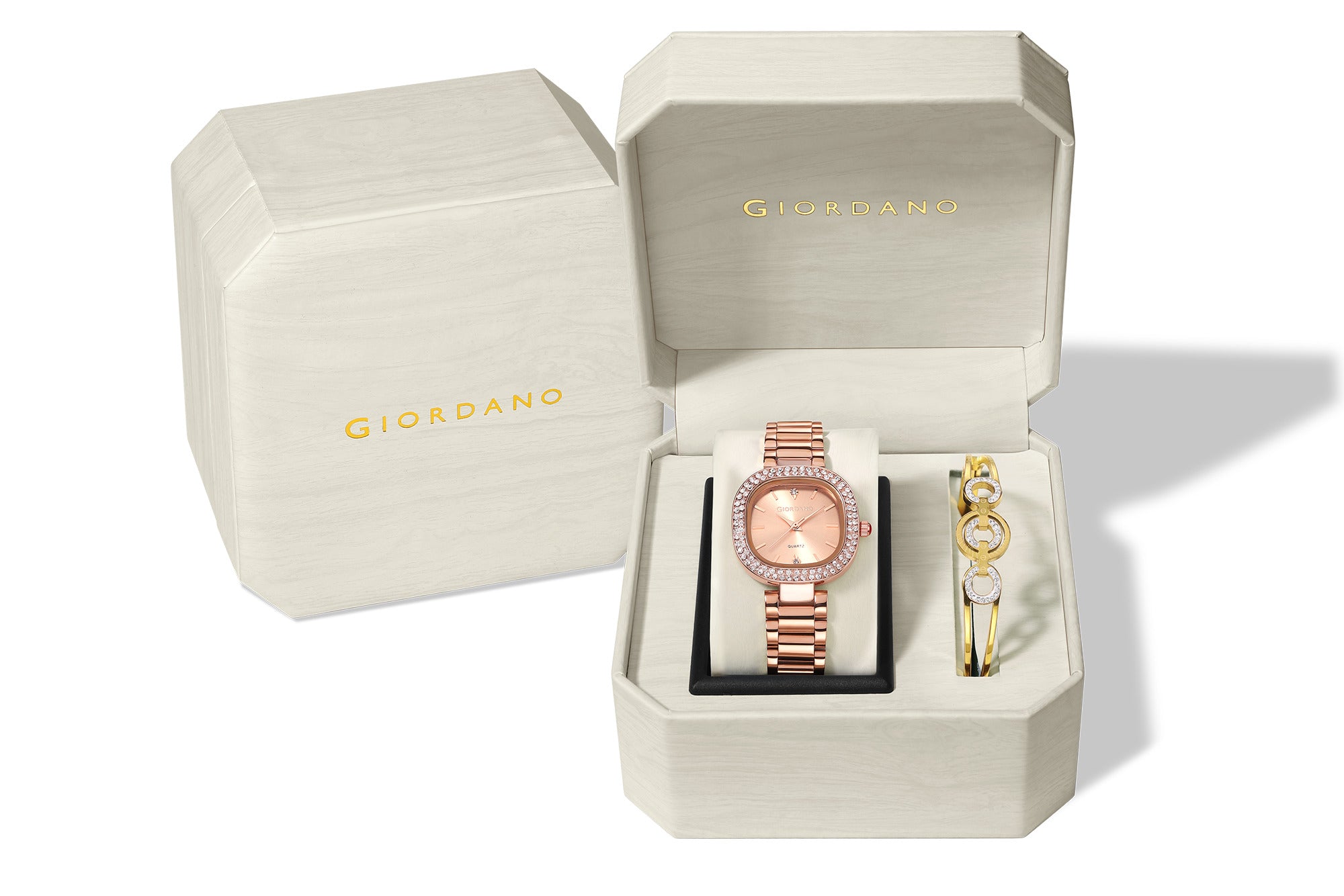 Giordano Analog Quartz Watch for Women with Bangle Square Rose Gold Dial, Blue Crown, Crystal Studded Hour Markers and Bezel, Rose Gold Stainless Steel Strap - GZ-60166-44
