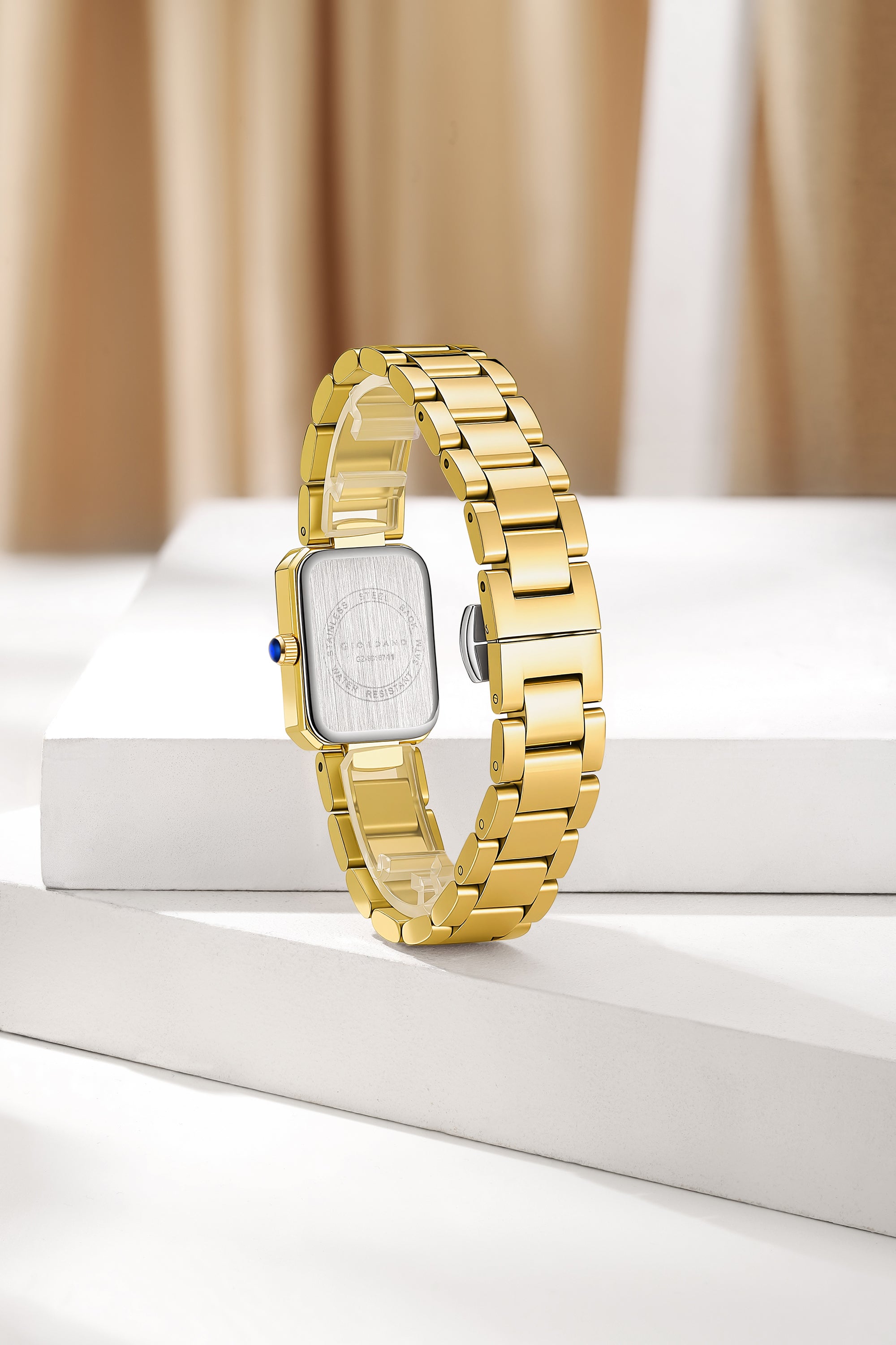 Giordano Analog Quartz Watch for Women with sunray Rectangle White Dial, Roman indices, Crystal studded bezel, Blue Crown, Gold Stainless Steel Strap - GZ-60167-11