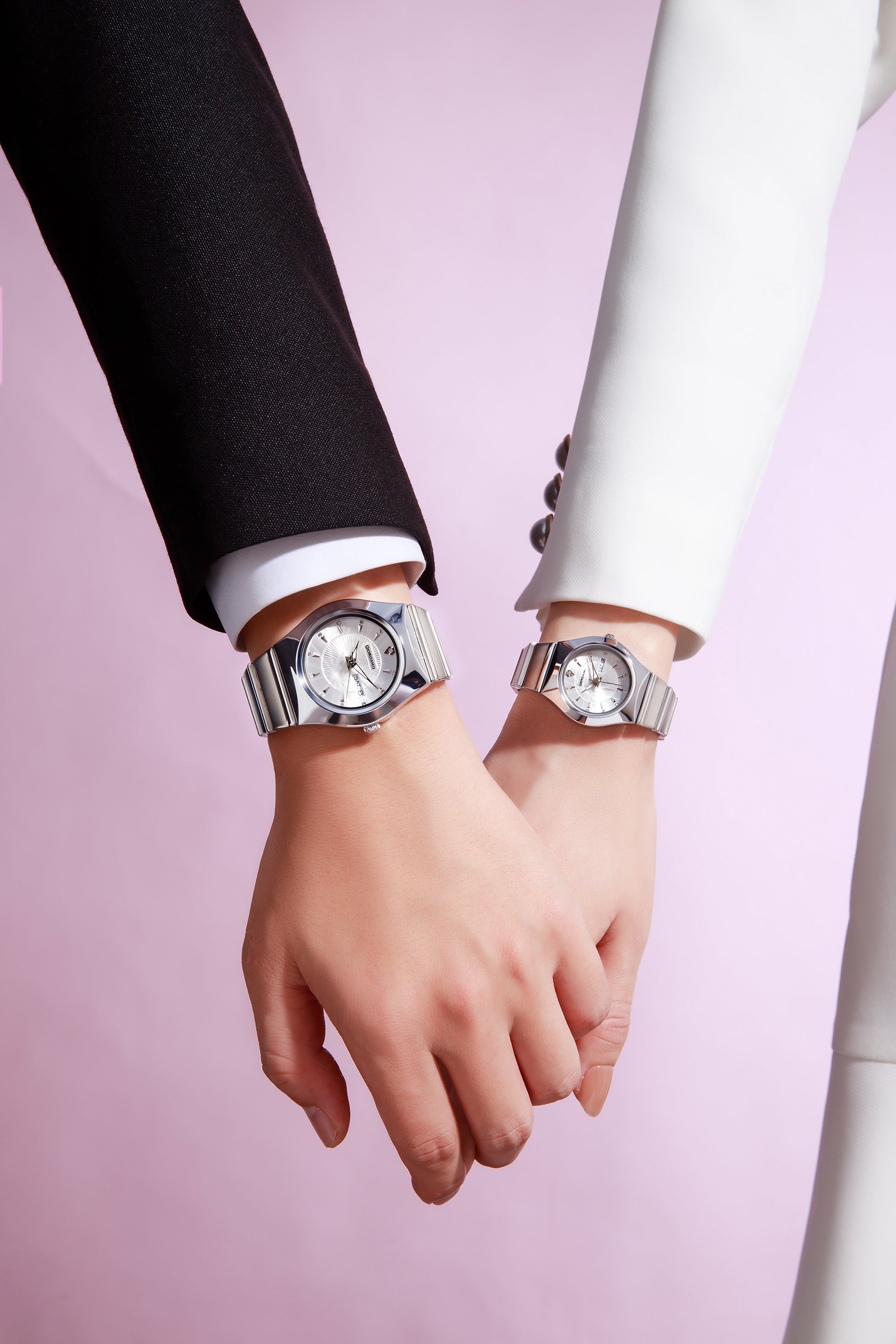 Giordano Analog Pair Watch For Unisex With Round Dial, Crystal Indices , Date Display And Stainless Steel Strap GZ-990-SET-33