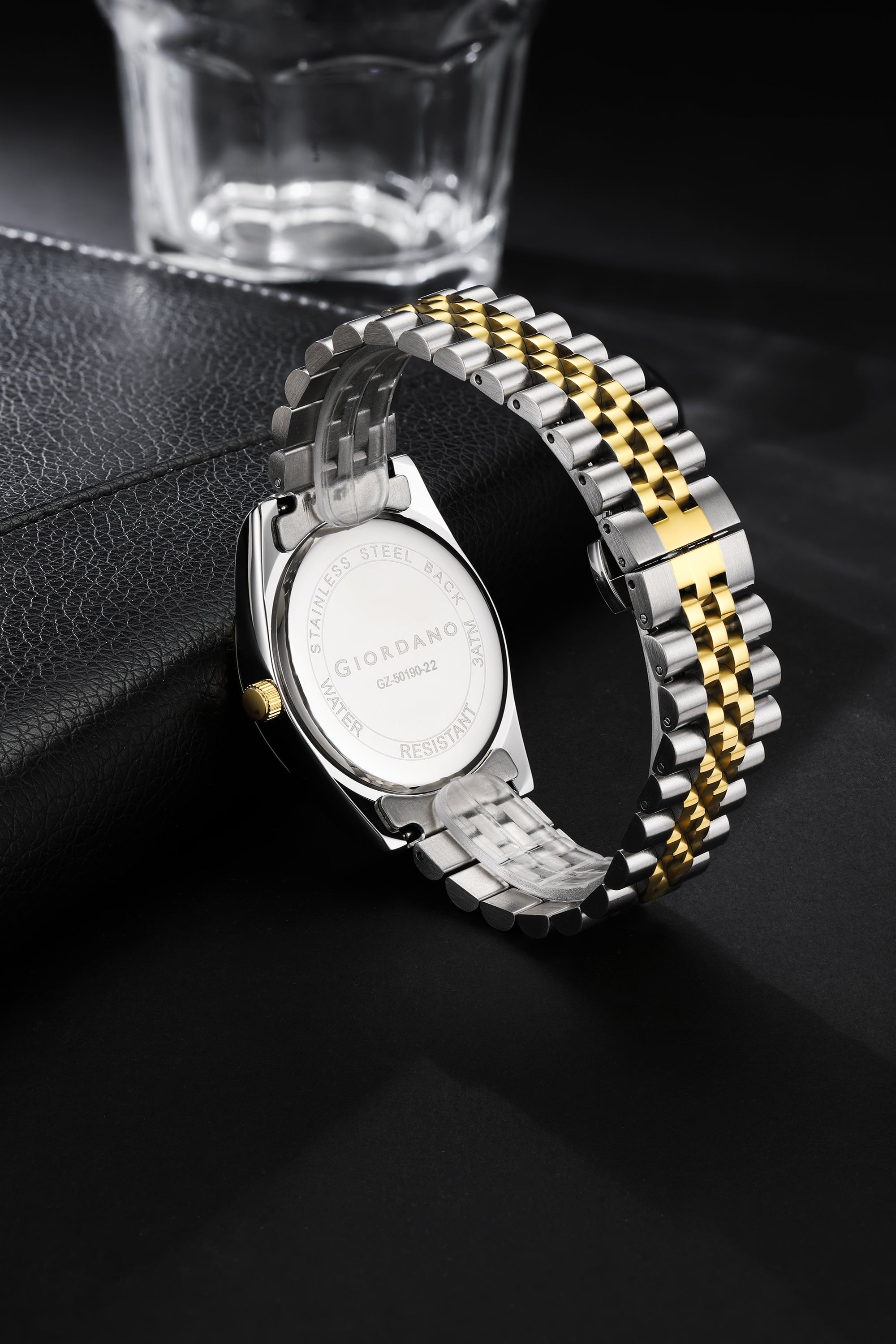Giordano Analog Quartz Watch for Men with Black Dial, Roman Numeral & Baton Markers, Date Display, Fluted Bezel and Two-Tone Gold & Silver Stainless Steel Strap - GZ-50190-22
