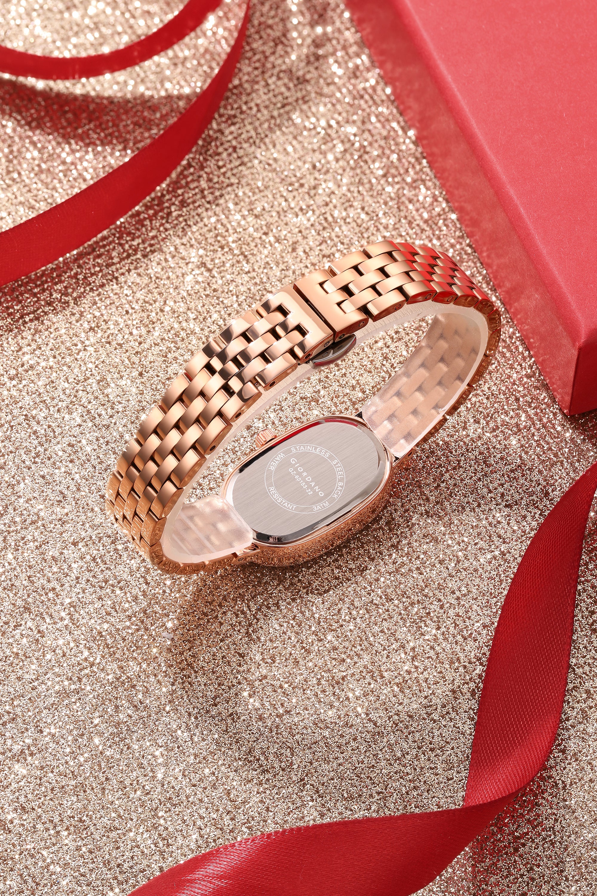 Giordano Analog Quartz Watch for Women with Bangle Oval Rose Gold Dial, Blue Crown, Crystal Studded Hour Markers and Bezel, Rose Gold Stainless Steel Strap - GZ-60153-22