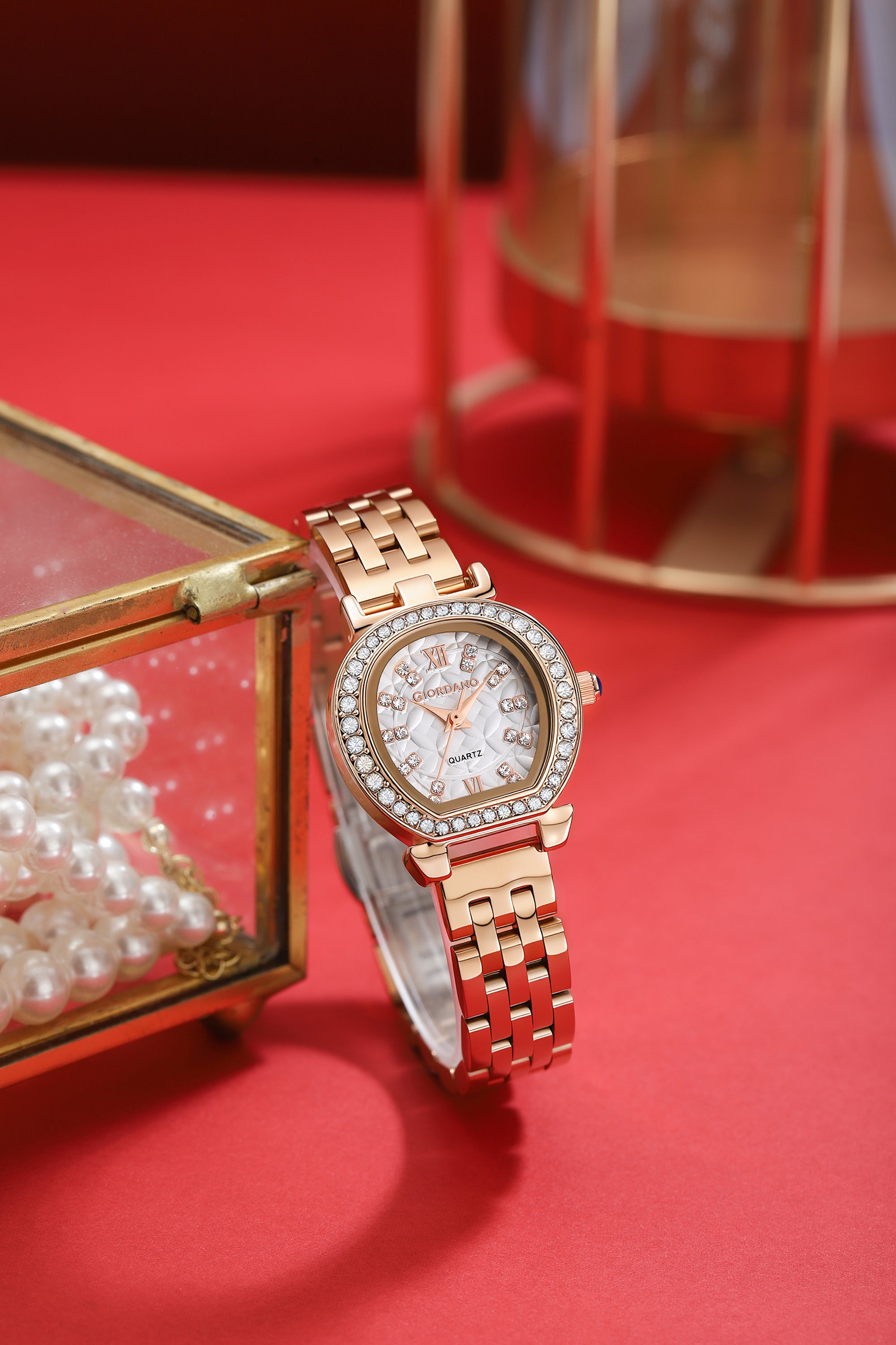 Giordano Analog Quartz Watch for Women with Bangle Set Texured Oval White Dial, Roman Indices, Blue Crown, Crystal Studded Hour Markers and Bezel, Rose Gold Stainless Steel Strap - GZ-60154-11
