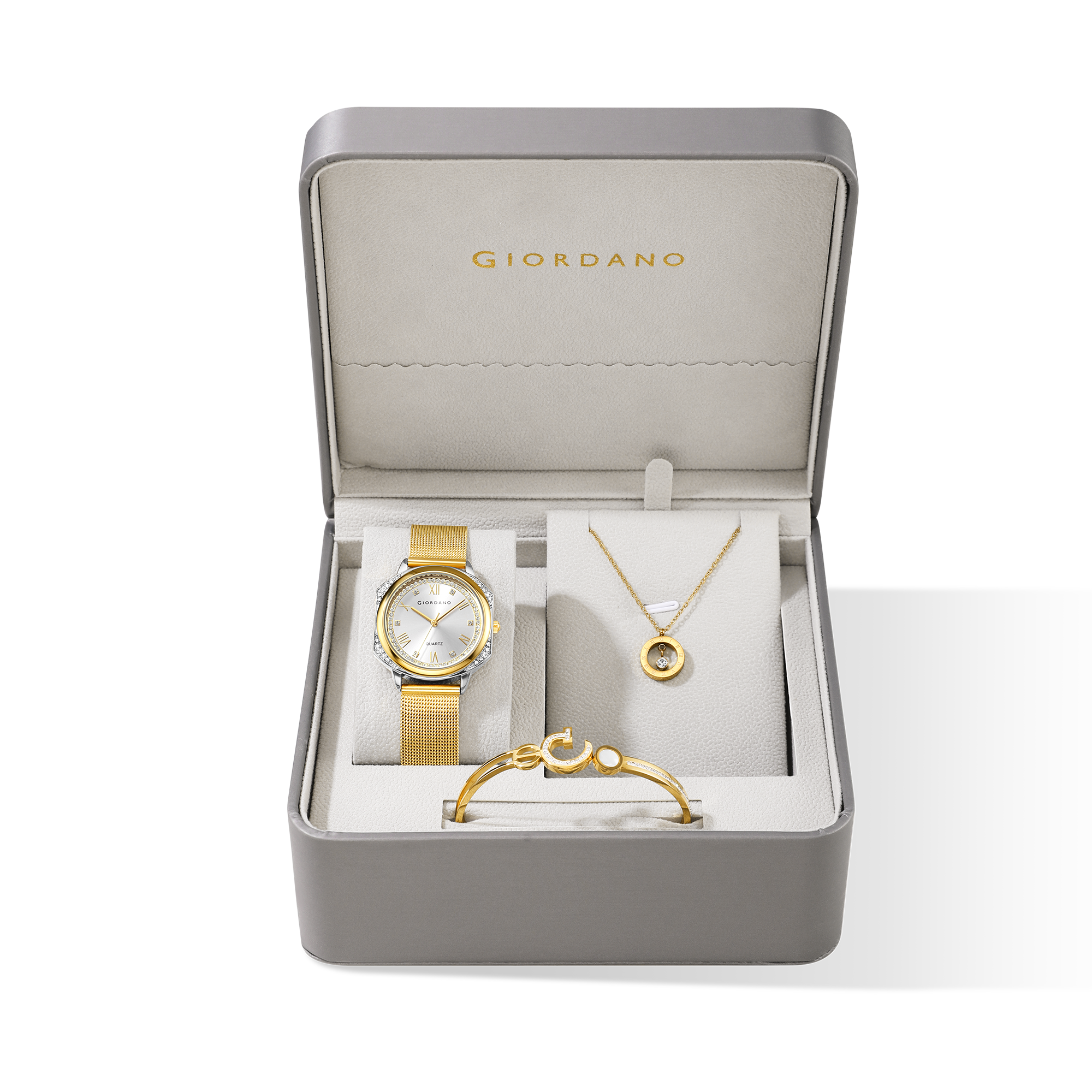Giordano Gold Analog Quartz Watch Gift Set for Women – 3 Piece Combo with Mesh Strap, Roman Numeral Crystal Studded Dial, Round Pearl Pendant Necklace & Bangle Bracelet - GZ-60183-33